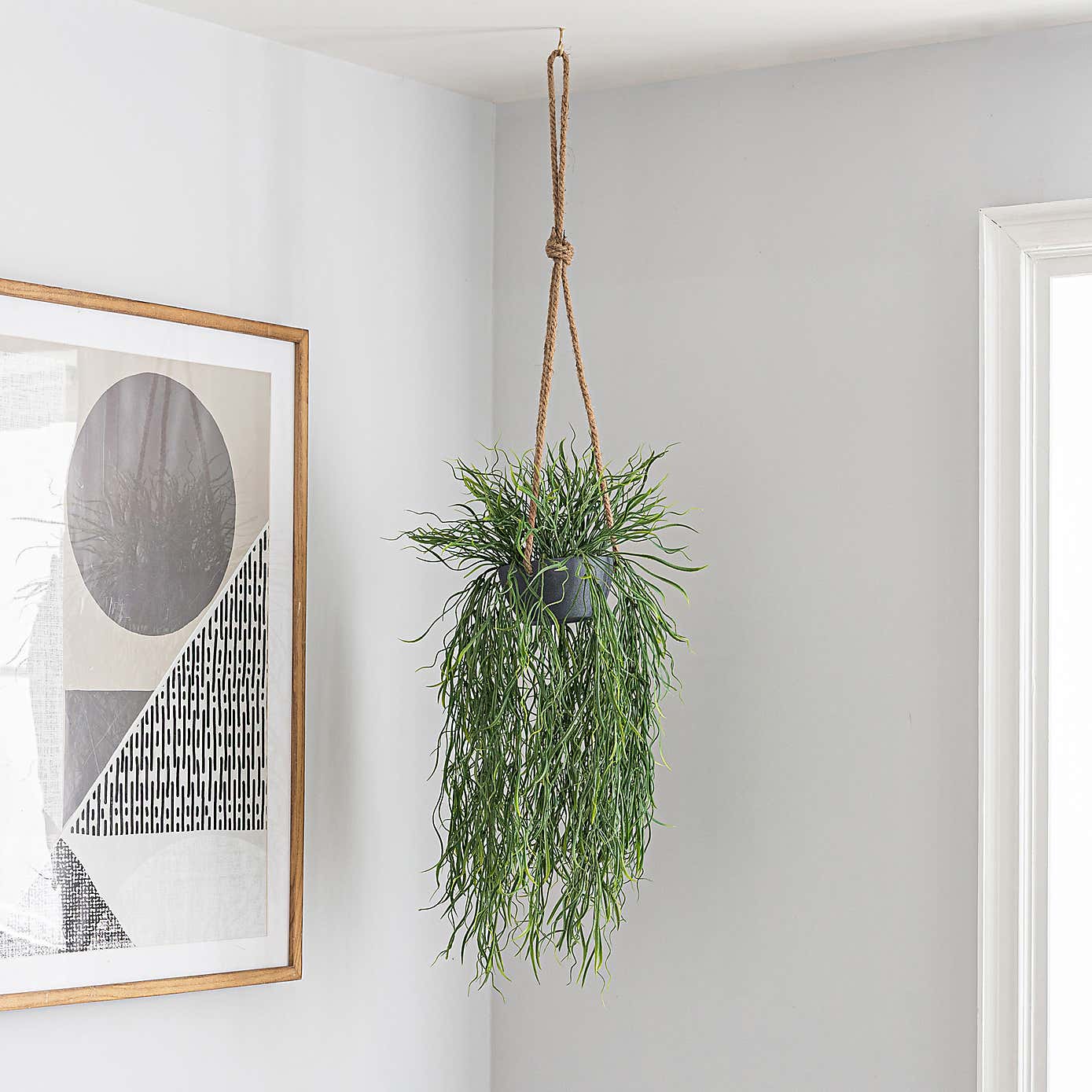 Artificial Trailing Grass in Hanging Grey Plant Pot