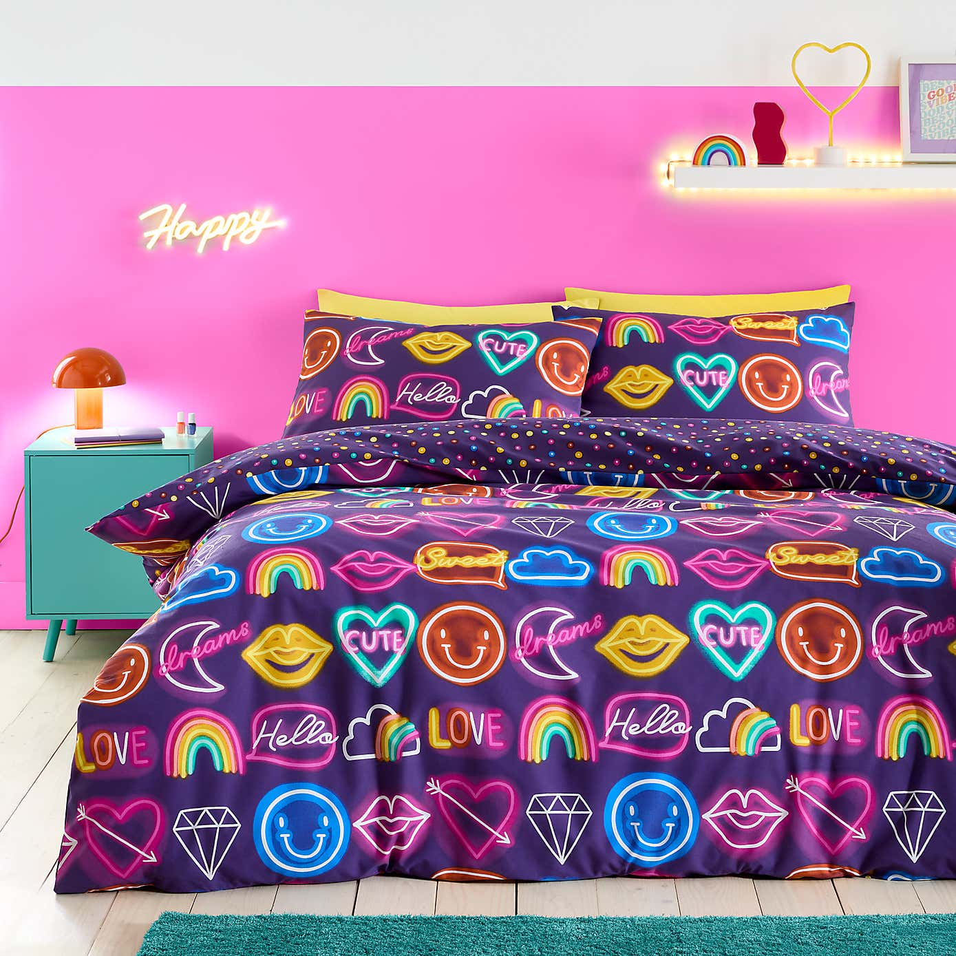 Girls Neon Reversible Duvet Cover and Pillowcase Set