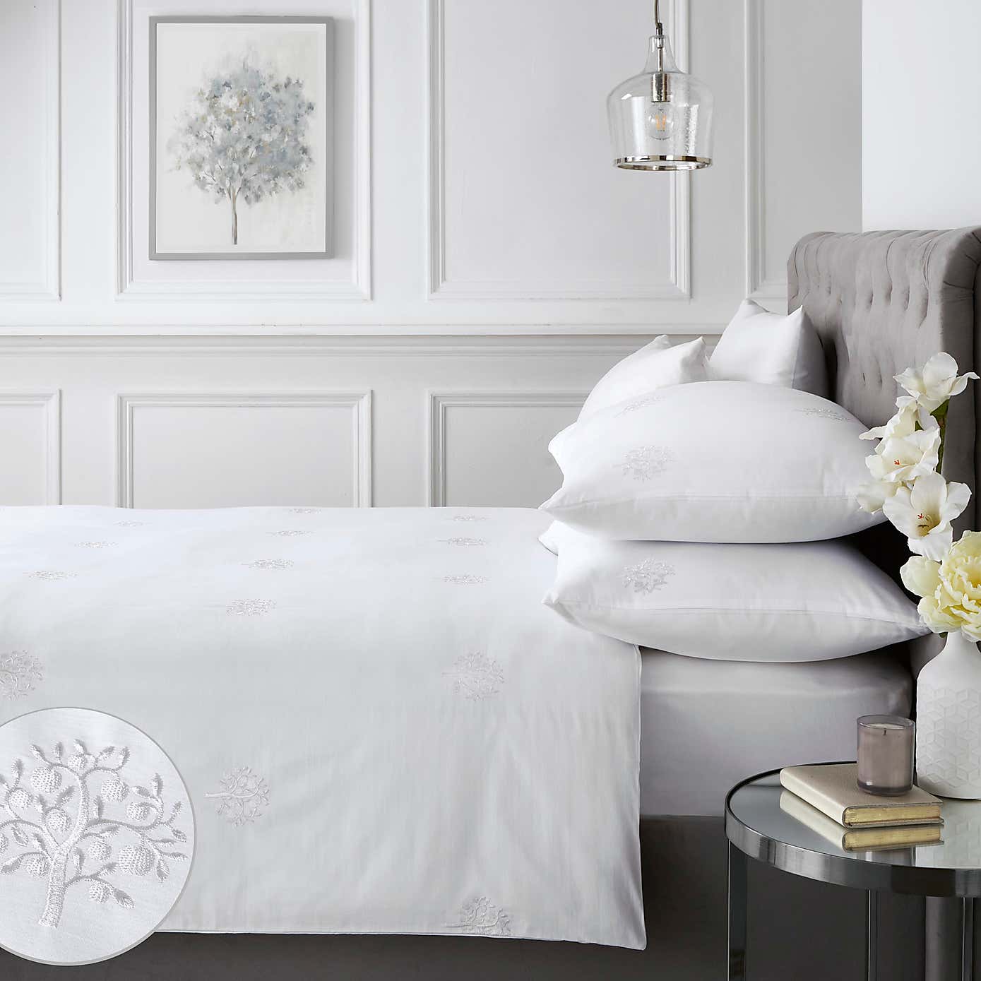 Appletree Boutique Embroidered Tree 200 Thread Count Cotton Duvet Cover and Pillowcase Set