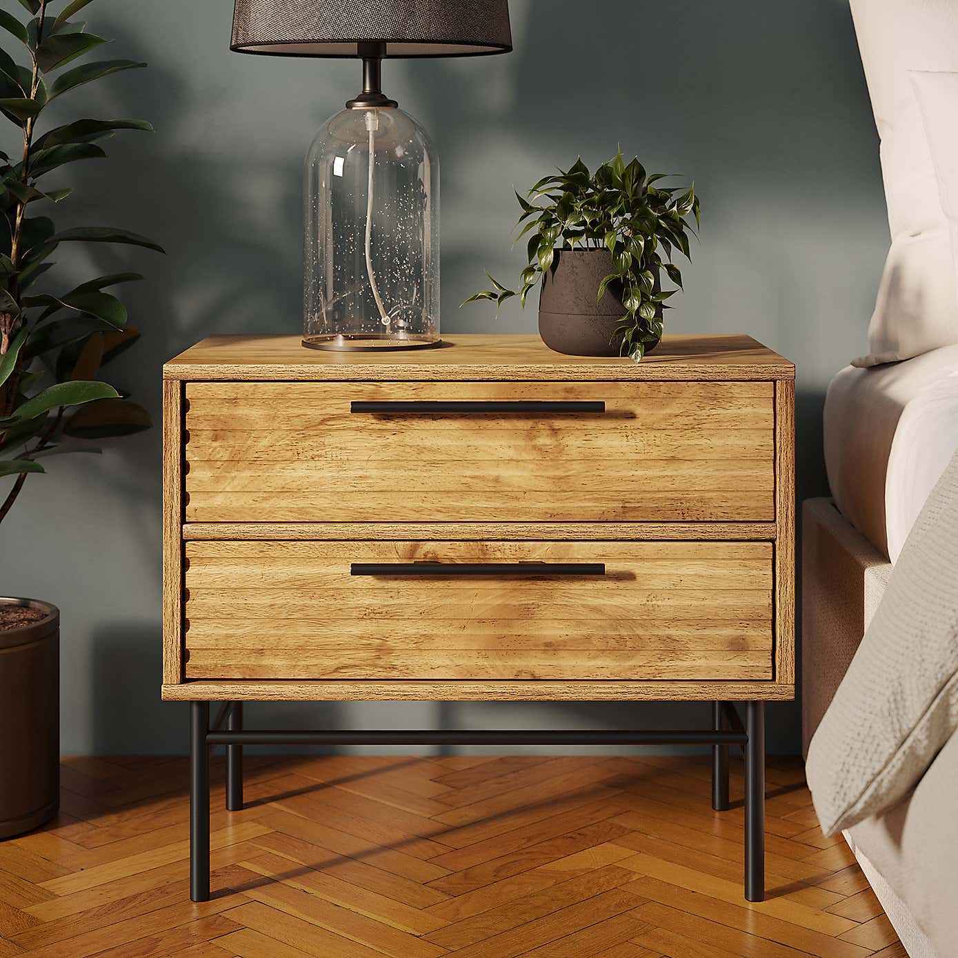 Bryant Wide 2 Drawer Bedside Table, Mango Wood Effect