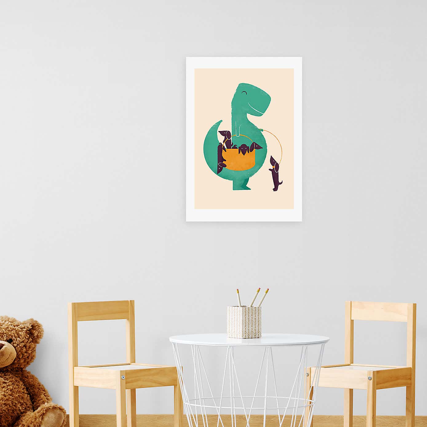 East End Prints T-Rex & his Basketful of Wiener Dogs Print