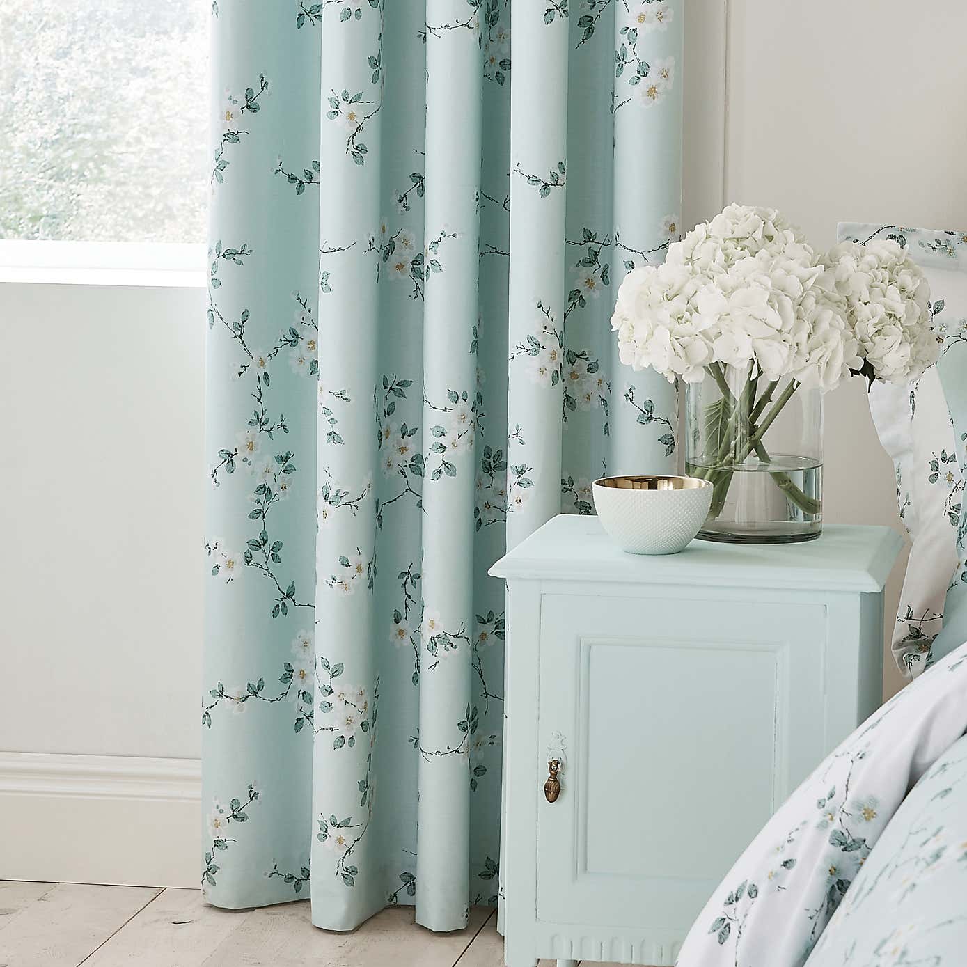 Edith Duck Egg Floral Blackout Eyelet Curtains