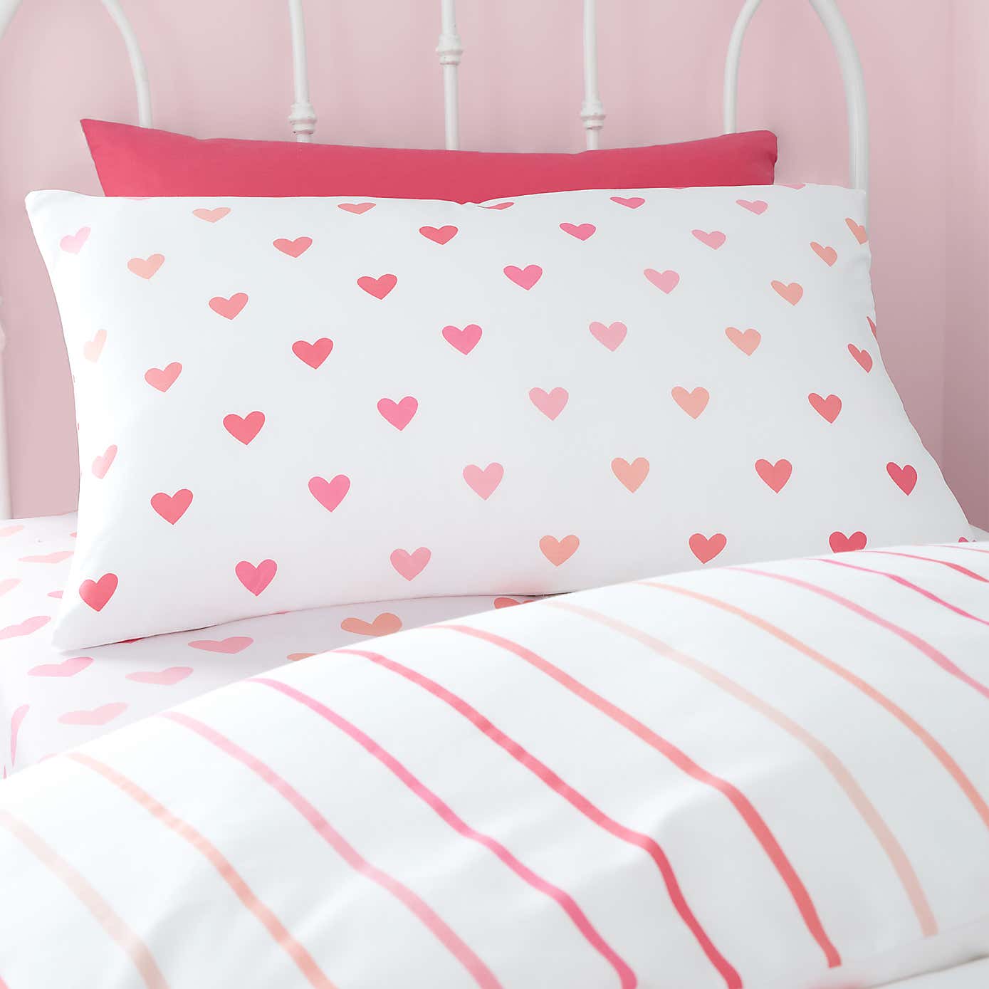 Catherine Lansfield Set of 2 Hearts and Stripes Reversible Duvet Cover and Pillowcase Sets