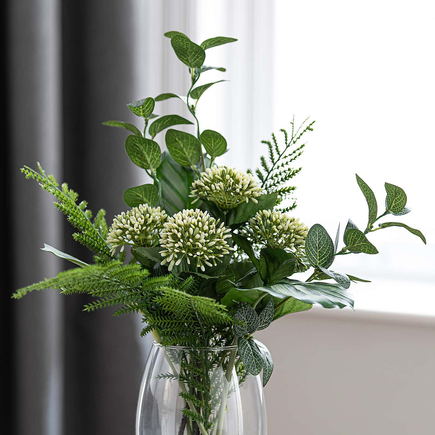 Artificial Allium and Foliage Bouquet in Glass Vase