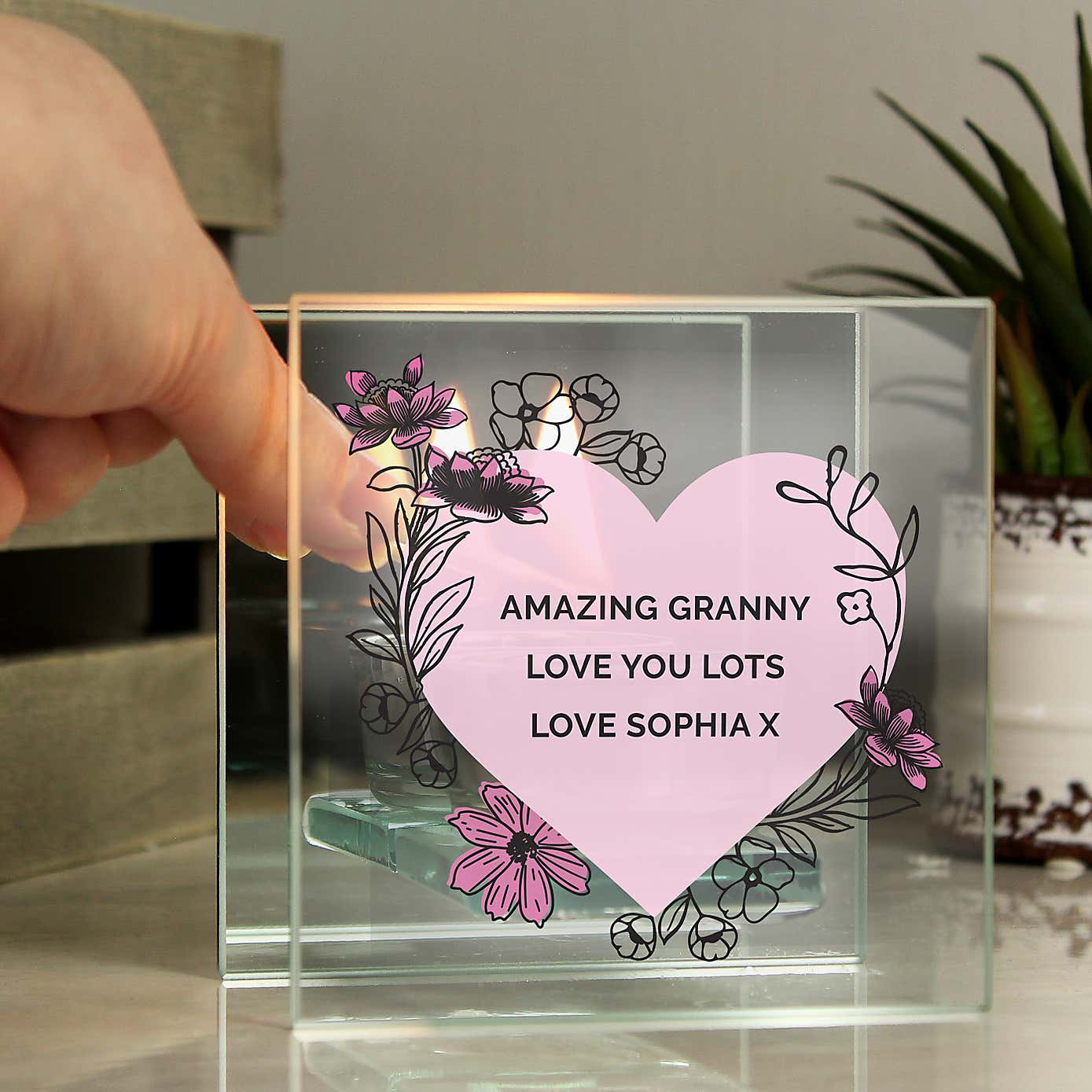 Personalised Pink Heart Glass Tea Light Holder