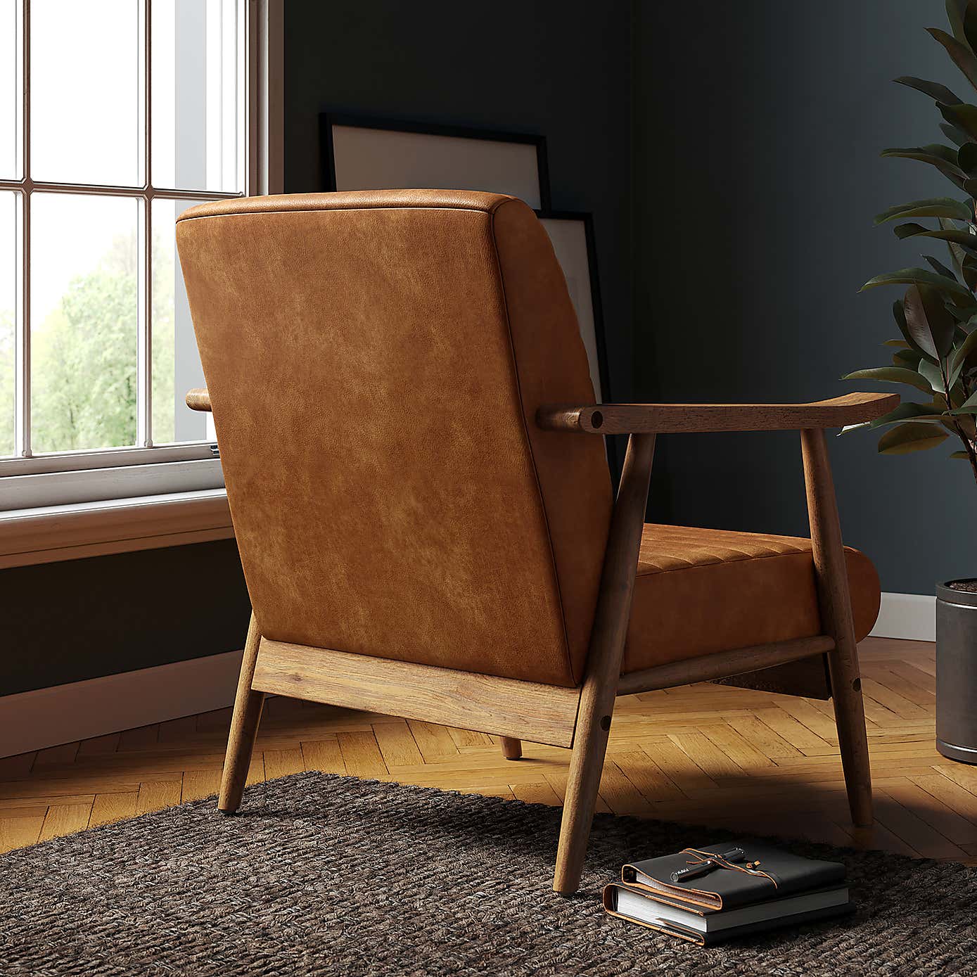 Quinn Tan Faux Leather Wooden Arm Accent Chair