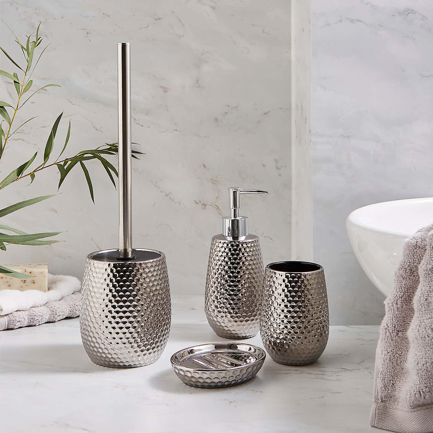 Silver Hammered Effect Bathroom Accessories Set