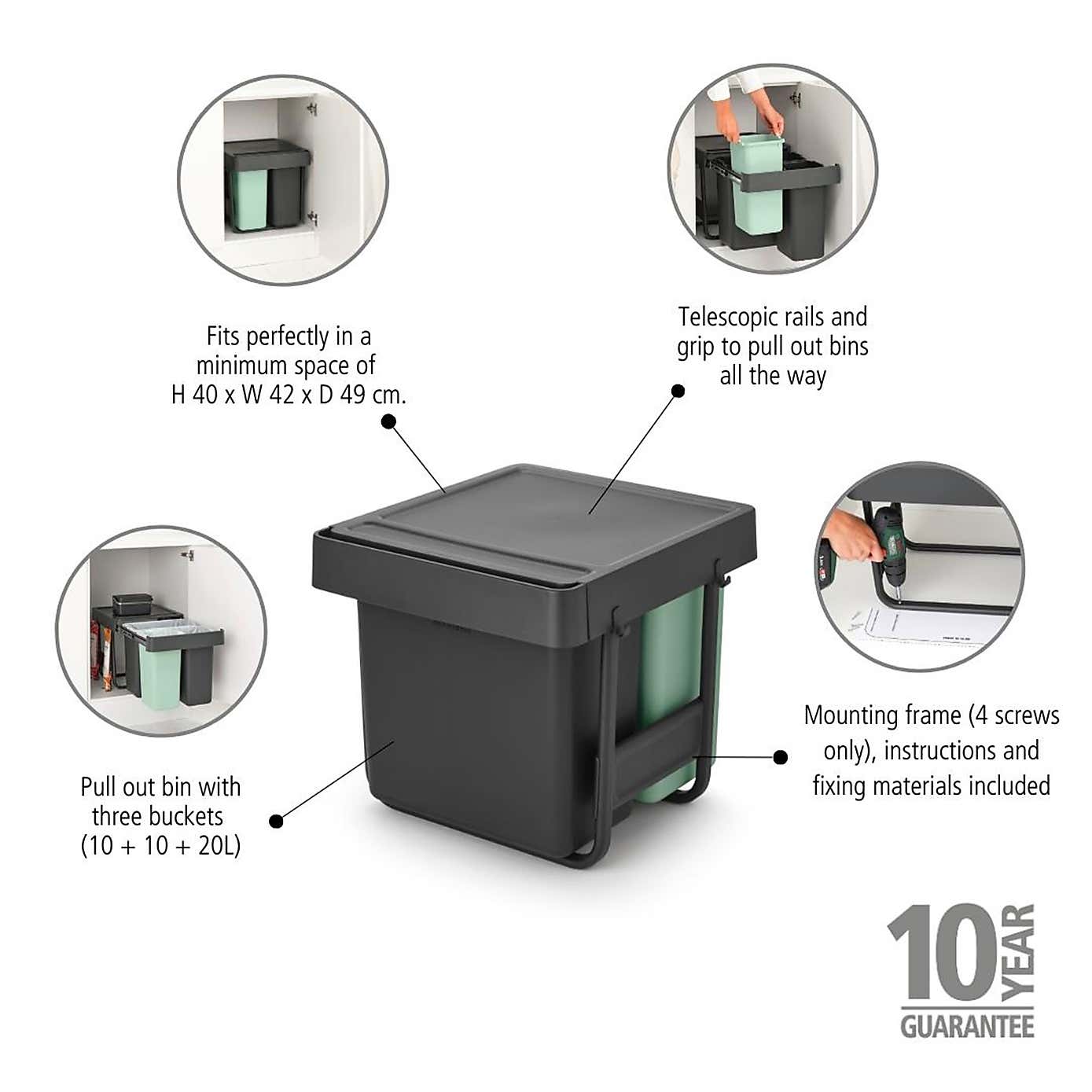 Brabantia Sort and Go 3 Sections 10L, 10L & 20L Bin