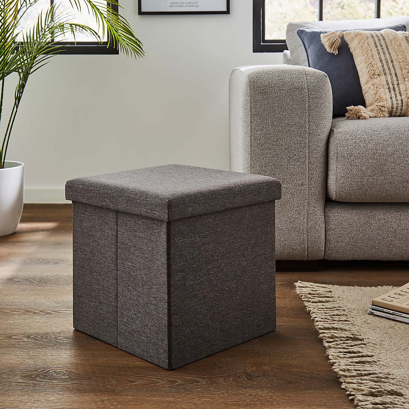 Faux Linen Cube Ottoman