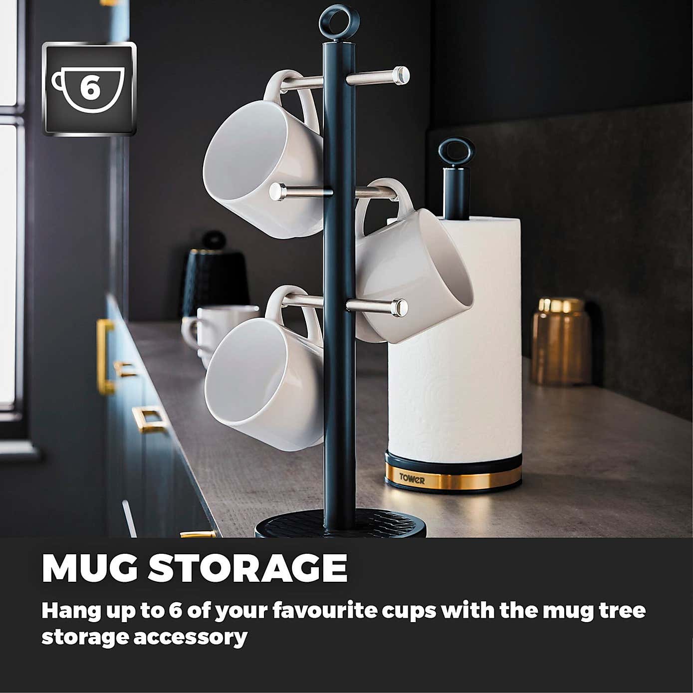 Tower Empire 6 Cup Mug Tree & Kitchen Roll Holder Set