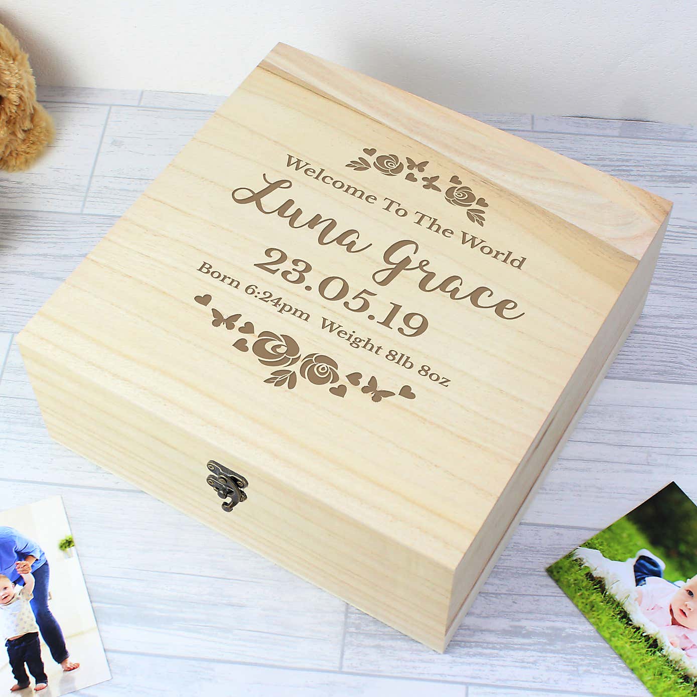 Personalised Any Role Floral Watercolour Wedding Large Wooden Keepsake Box