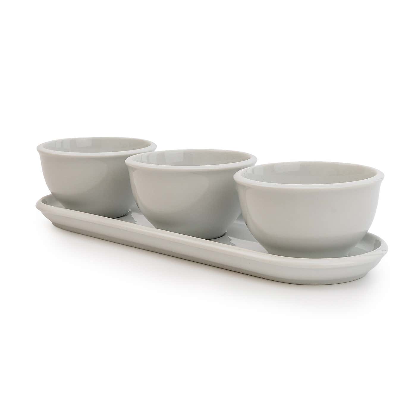 White Set of 3 Dip Bowls with Platter