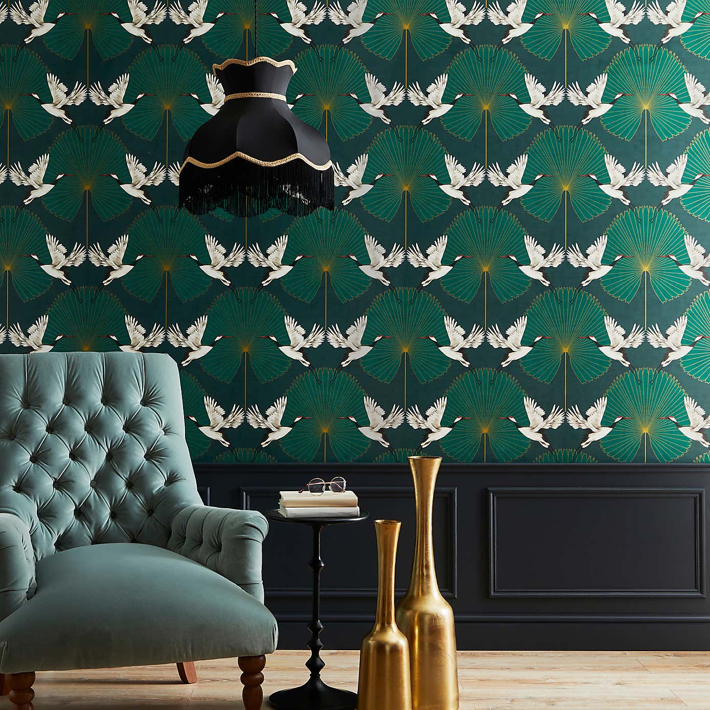 Crane and Leaf Green Wallpaper