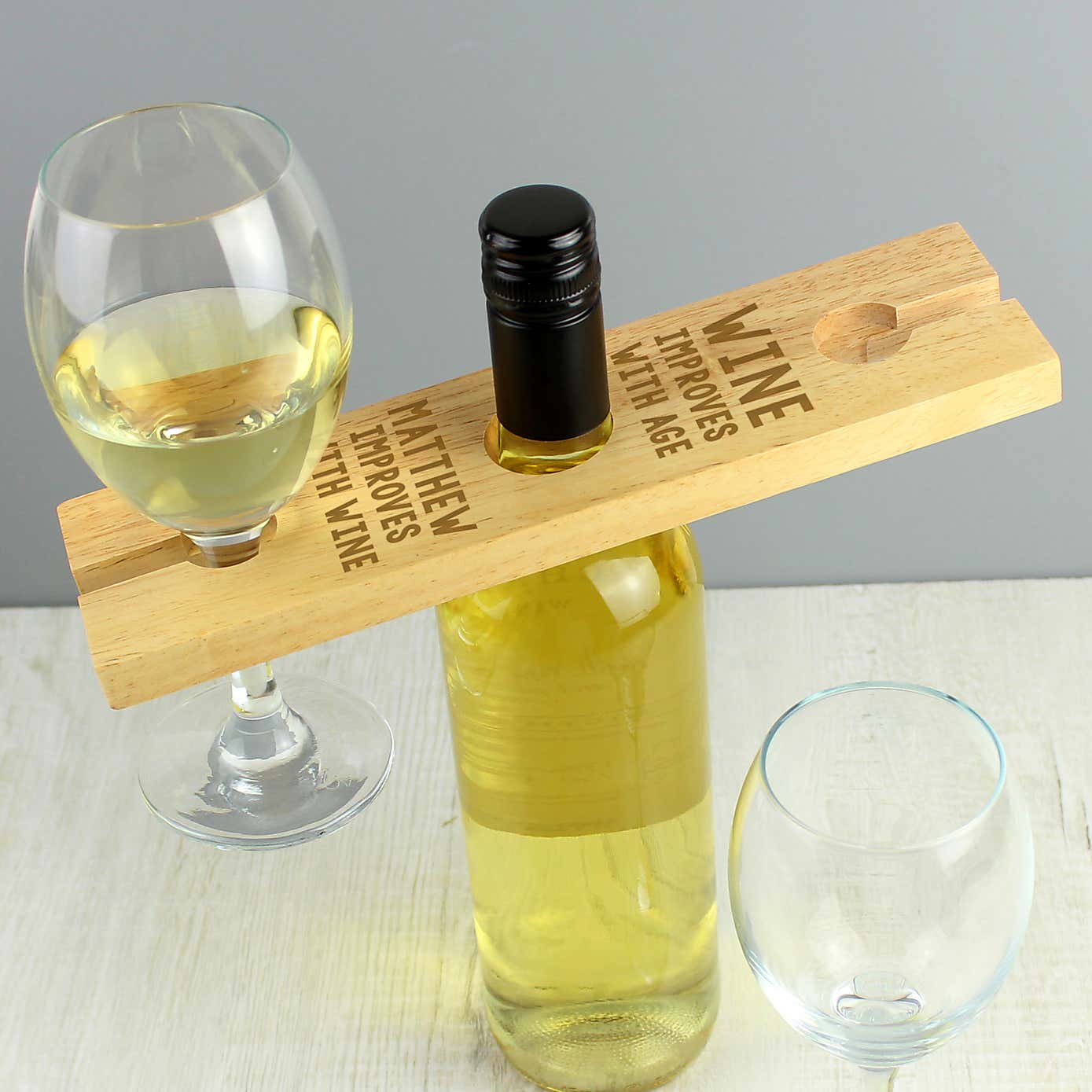 Personalised Improves With Wine Wooden Wine Glass and Bottle Holder