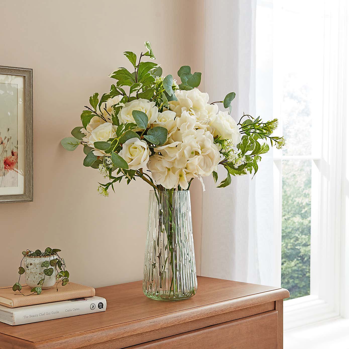 Artificial Peony Bouquet in Textured Glass Vase