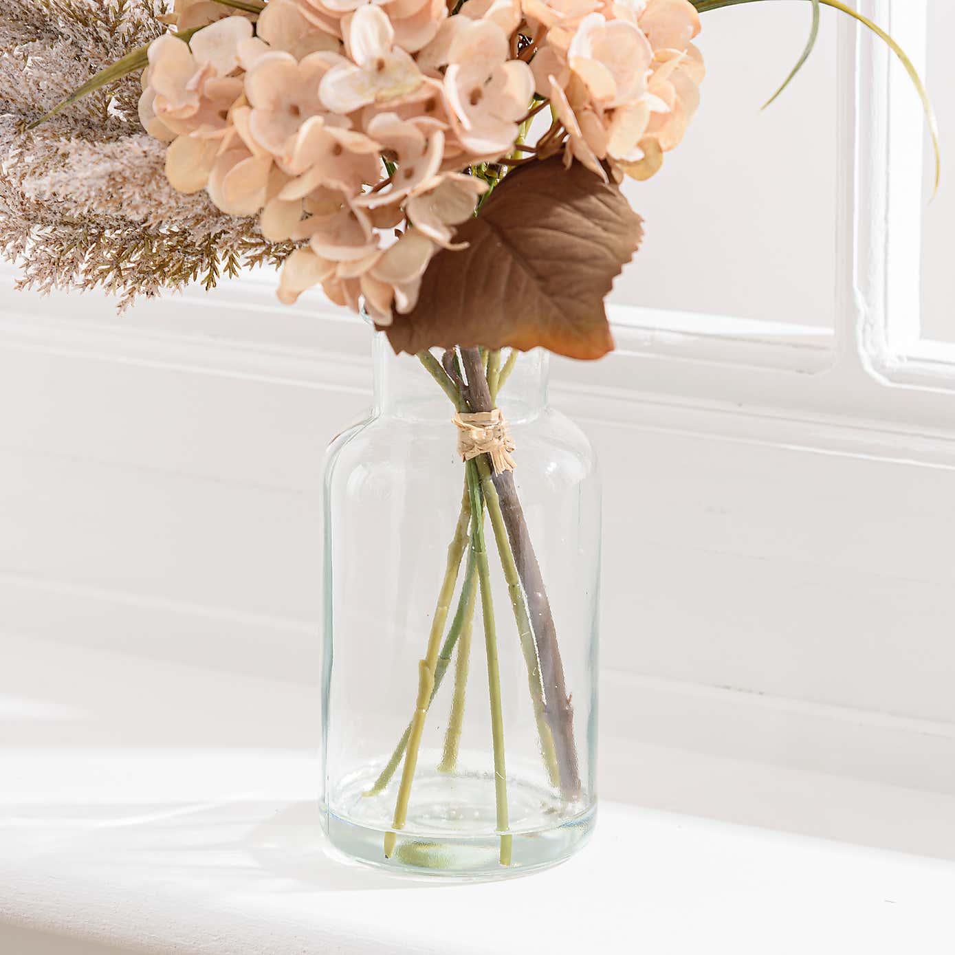 Artificial Dried Cream Hydrangea and Pampas Bouquet in Glass Vase