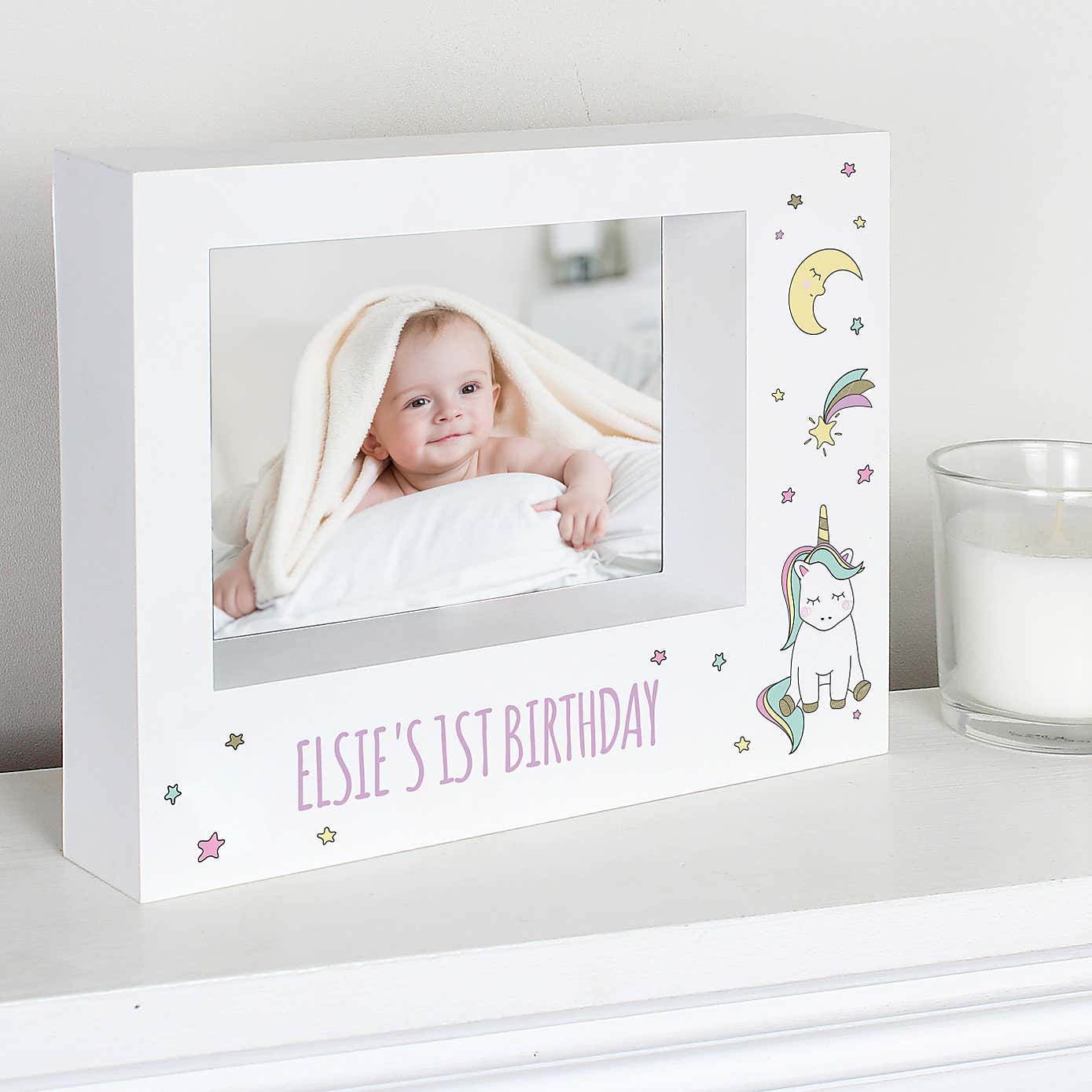 Personalised Baby Unicorn Landscape Box Photo Frame