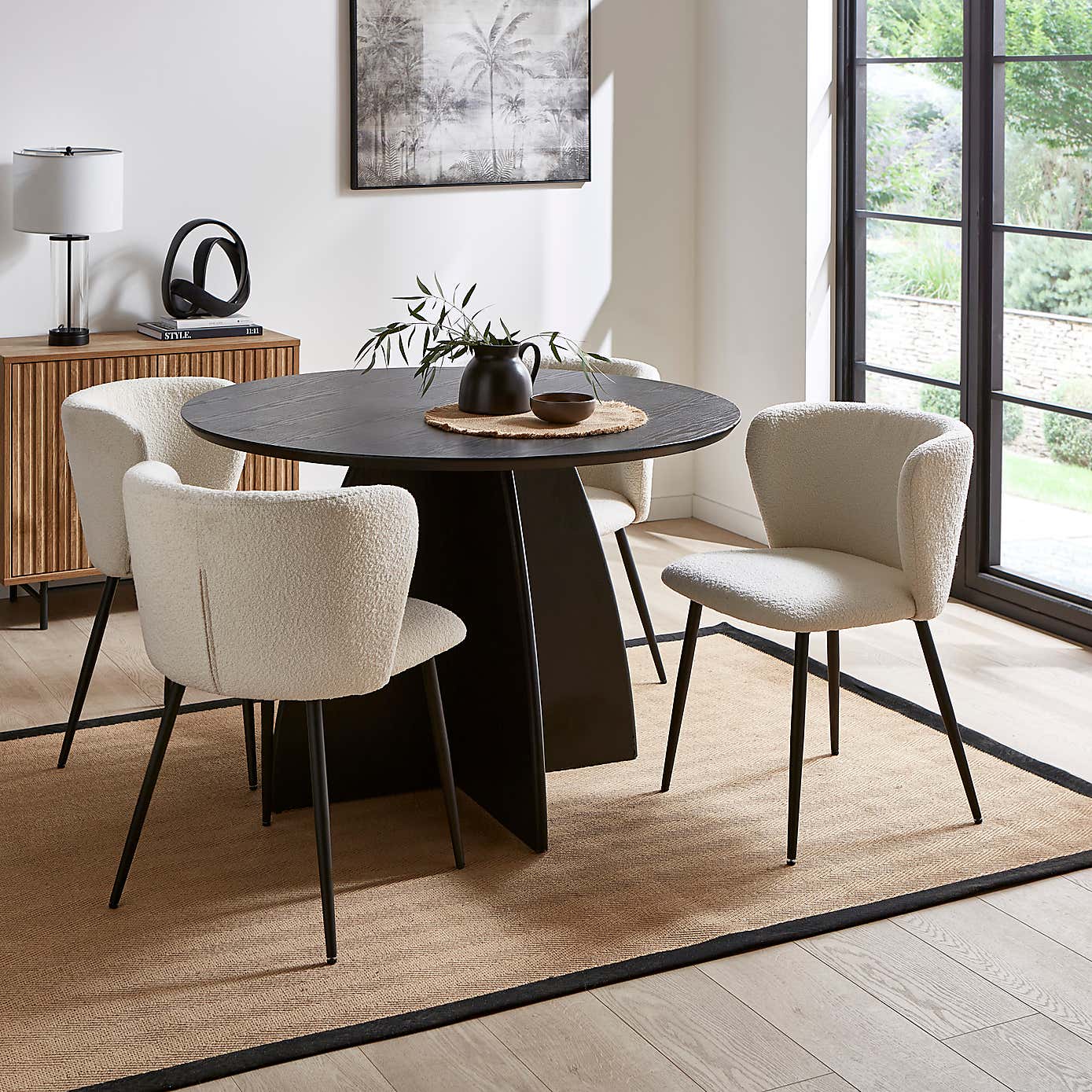 Effy Round Dining Table with 4 Mandy Ivory Boucle Dining Chairs