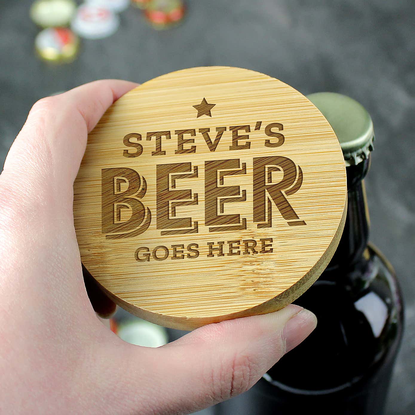 Personalised Beer Goes Here Bamboo Coaster with Hidden Bottle Opener