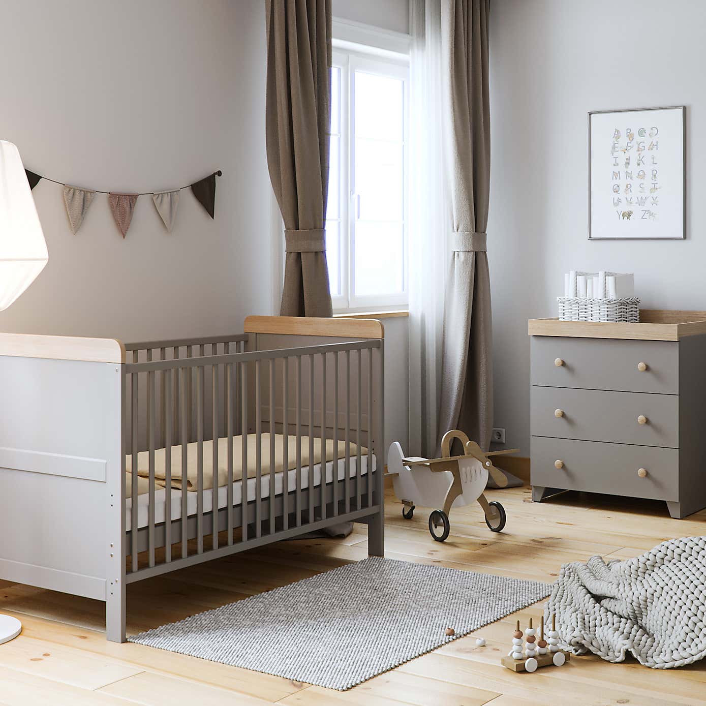Little Acorns Classic Oak Effect Cot Bed and 3 Drawer Chest Nursery Set