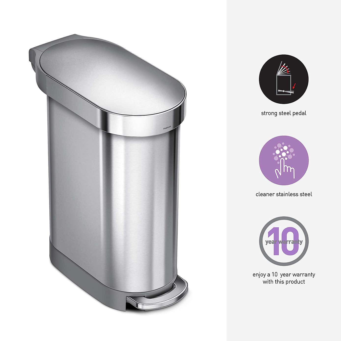 simplehuman Fingerprint Proof 45 Litre Brushed Steel Slim Pedal Bin