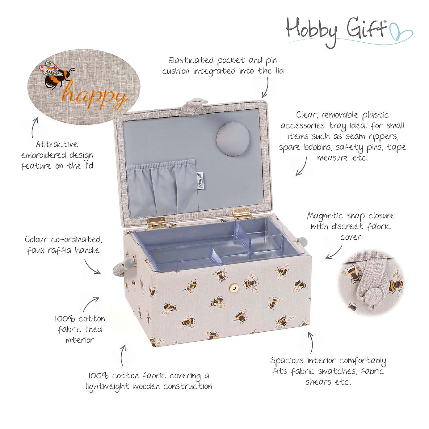 Hobby Gift Bee Happy Medium Embroidered Sewing Box