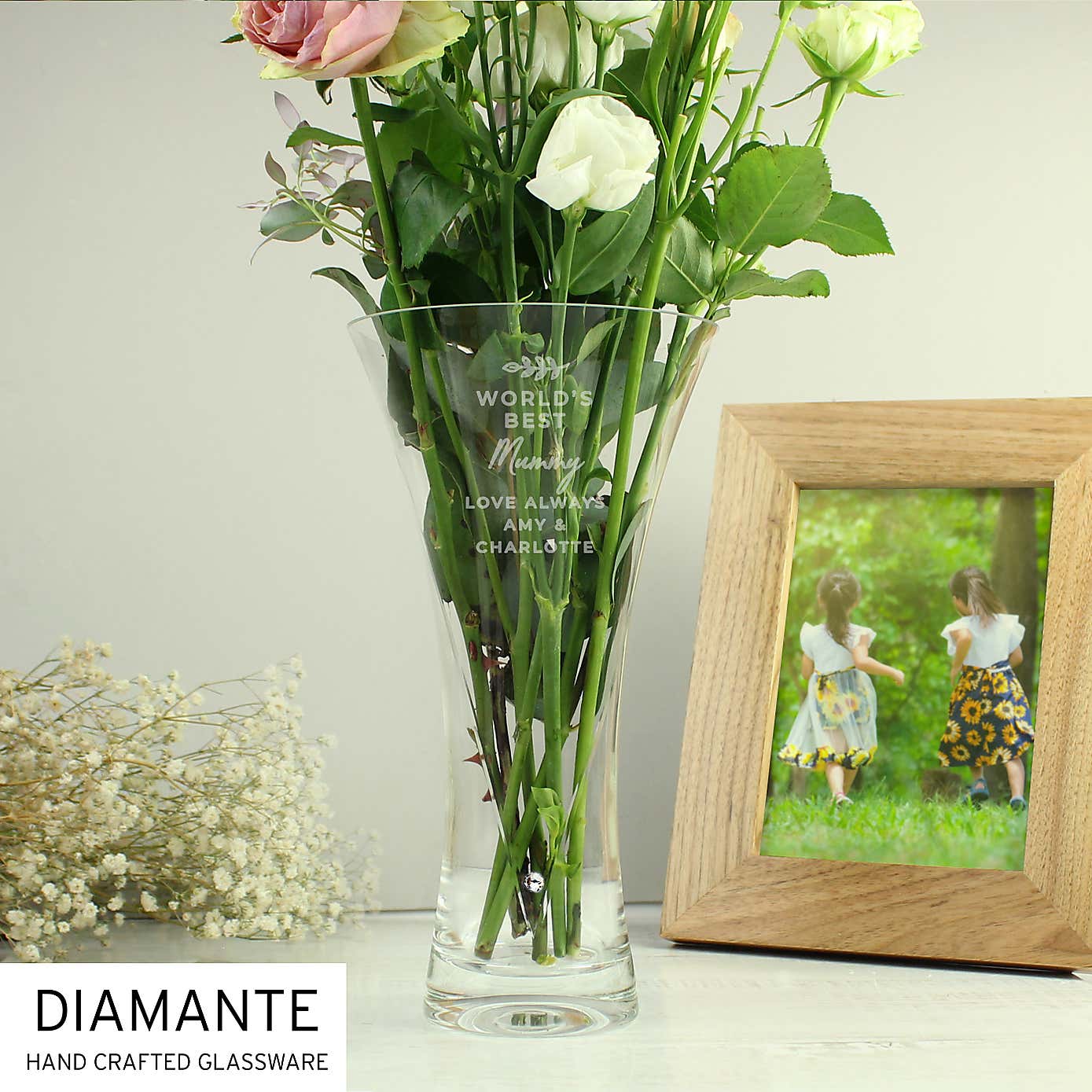 Personalised Botanical Hand Cut Diamante Heart Vase