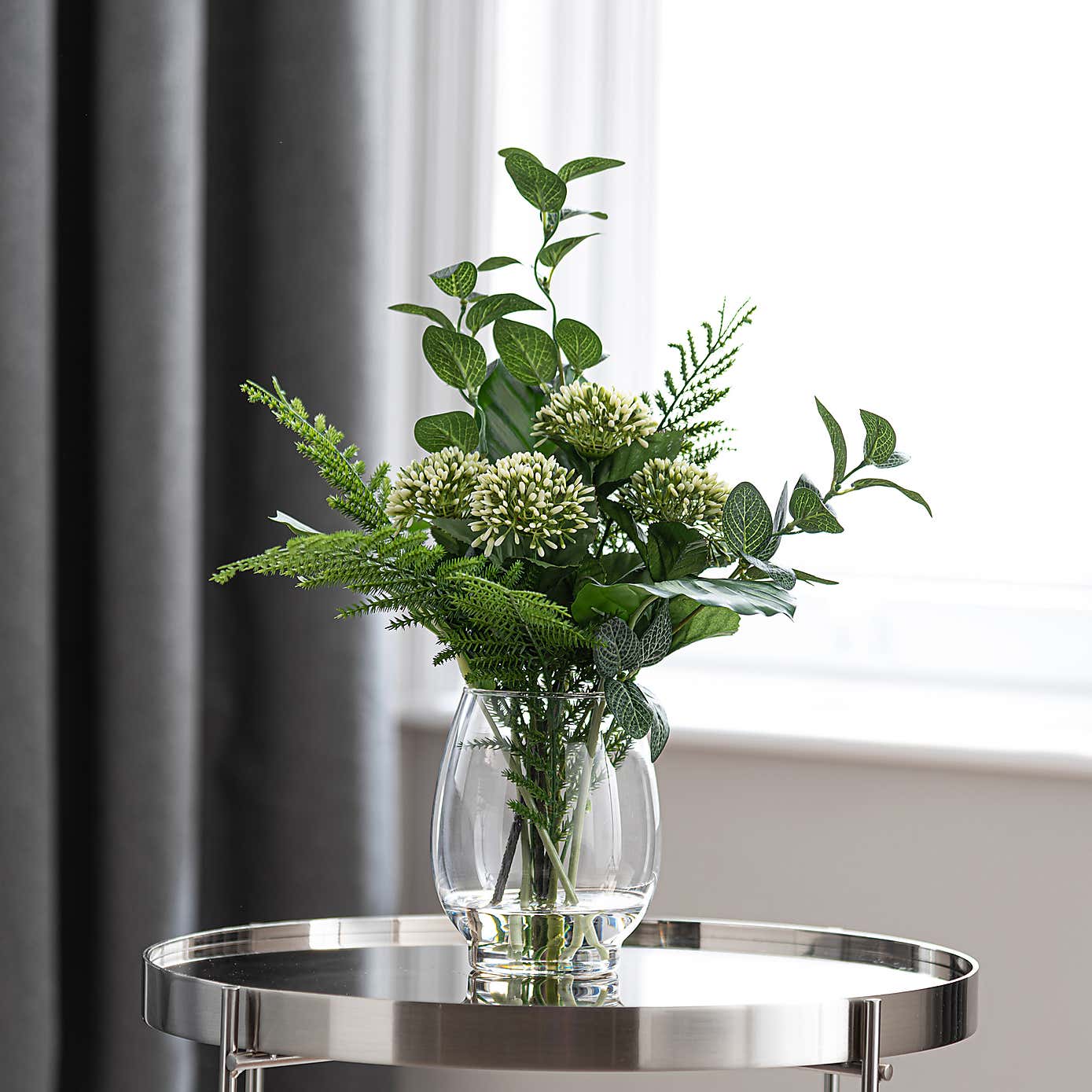 Artificial Allium and Foliage Bouquet in Glass Vase