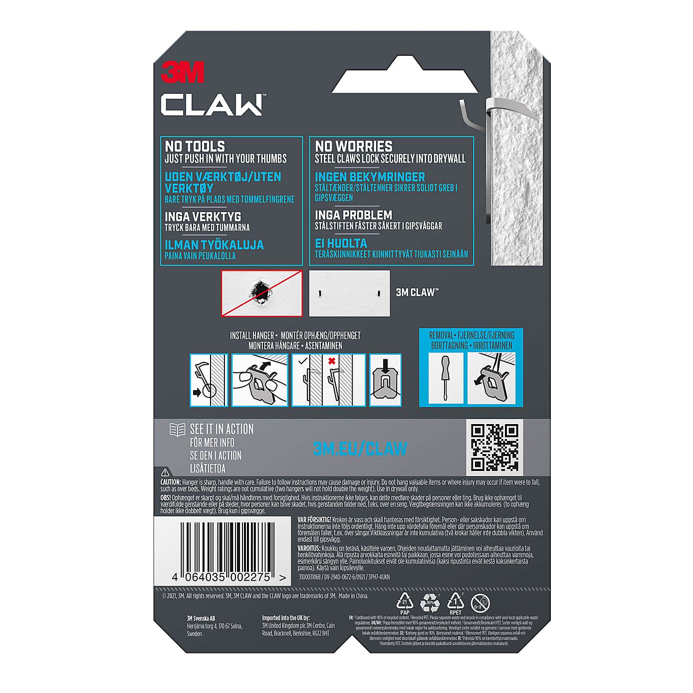 3M CLAW™ Plasterboard Picture and Mirror Hooks, 7kg