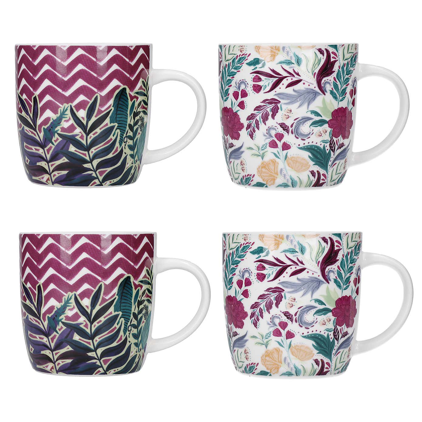 Kitchencraft Set of 4 Exotic Floral Chevron Stoneware Mugs