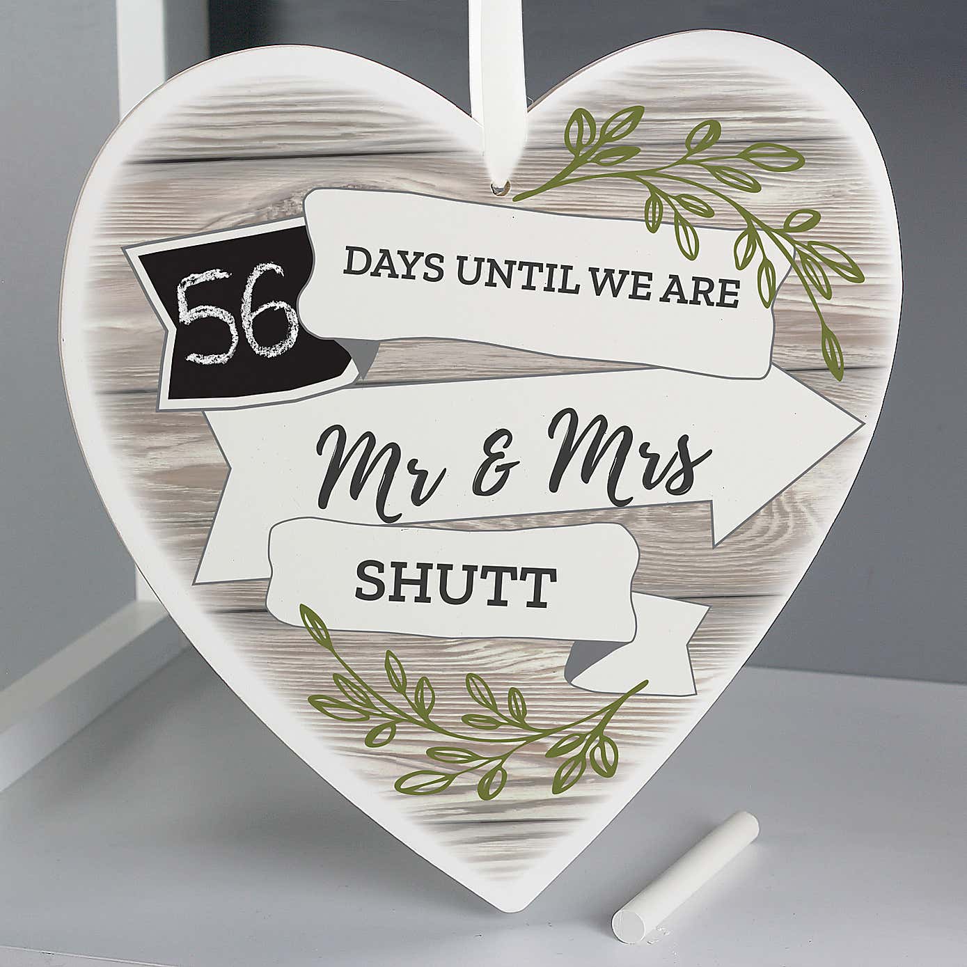 Personalised White Arrow Banner Chalk Countdown Wooden Heart Ornament