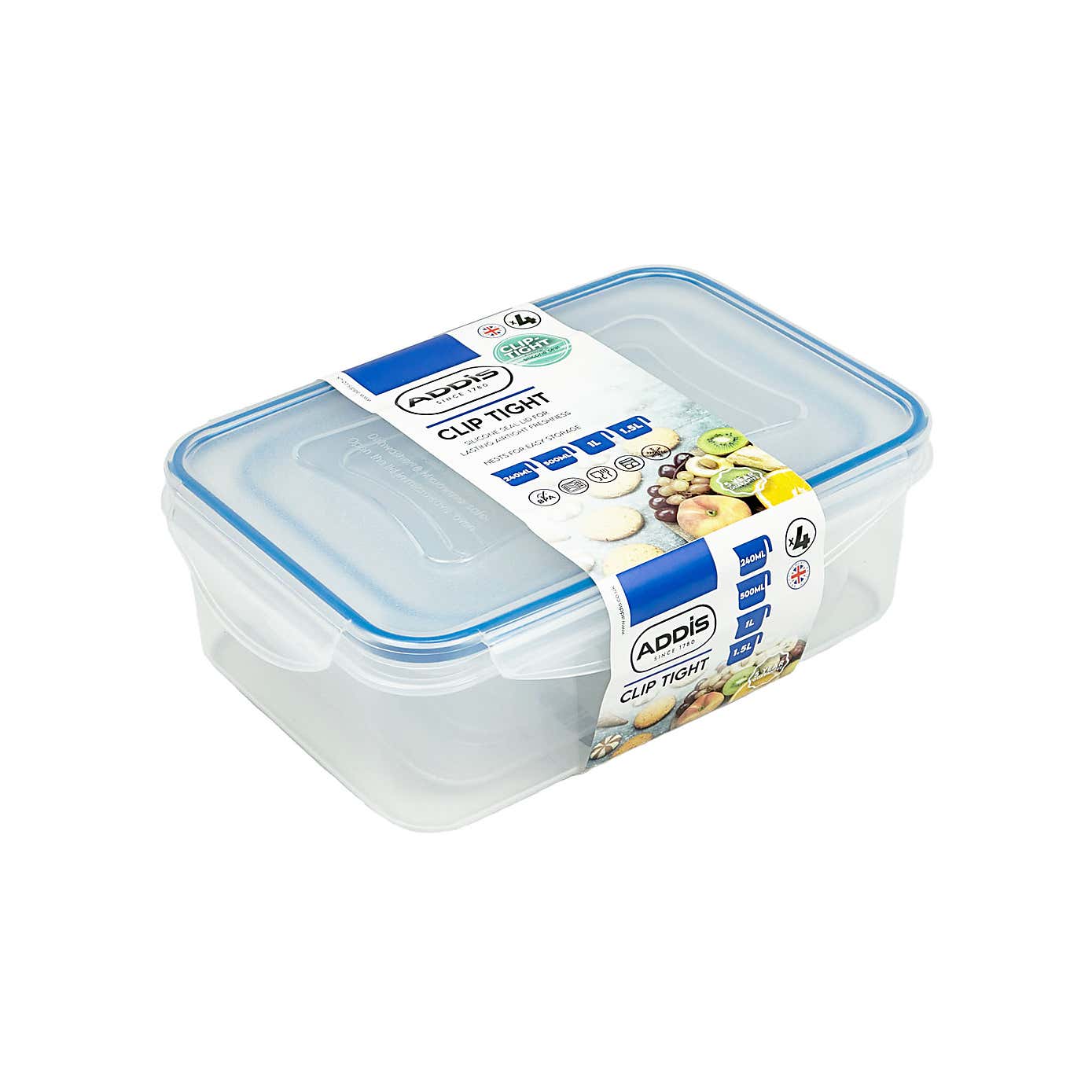ADDIS Set of 4 Rectangular Clip Tight Assorted Storage Containers