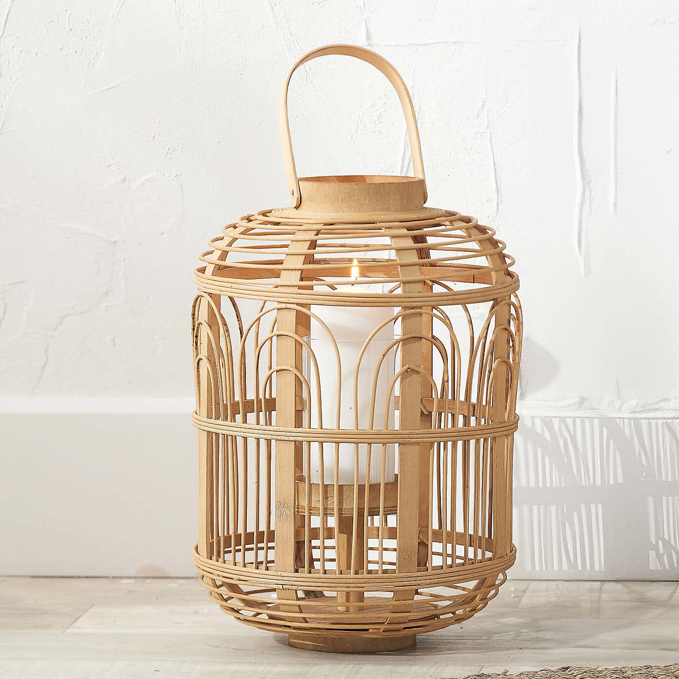 Large Natural Bamboo and Glass Lantern