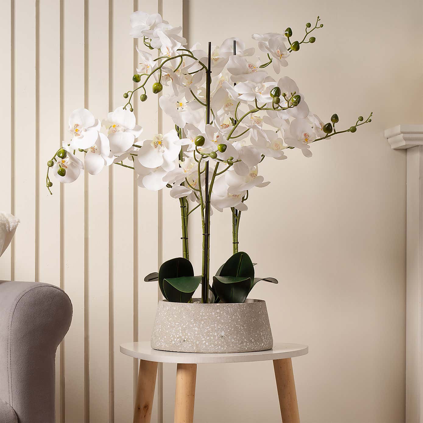 Artificial White Orchid in Grey Terrazzo Plant Pot