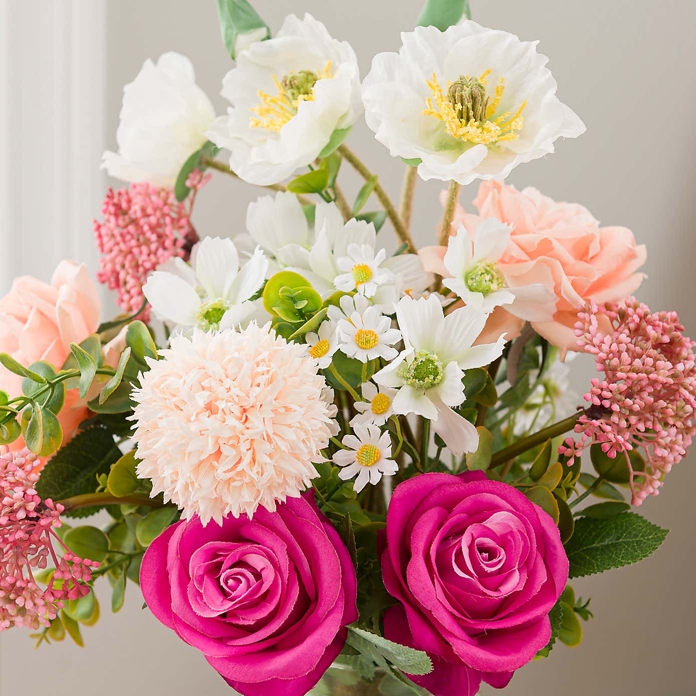 Artificial Rose & Poppy Bouquet in Ribbed Glass Vase