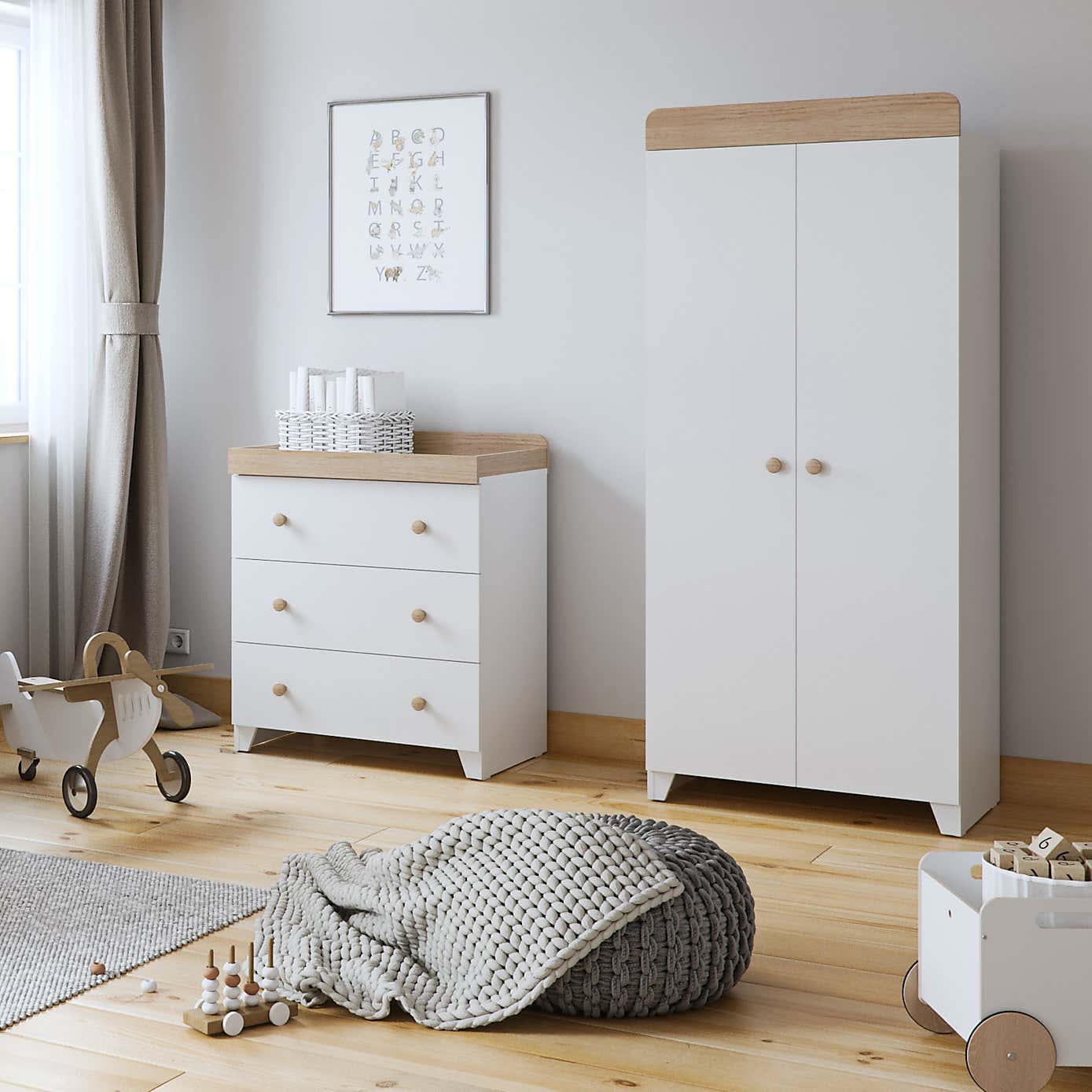 Little Acorns Classic Oak Effect 3 Drawer Chest and Wardrobe Nursery Set