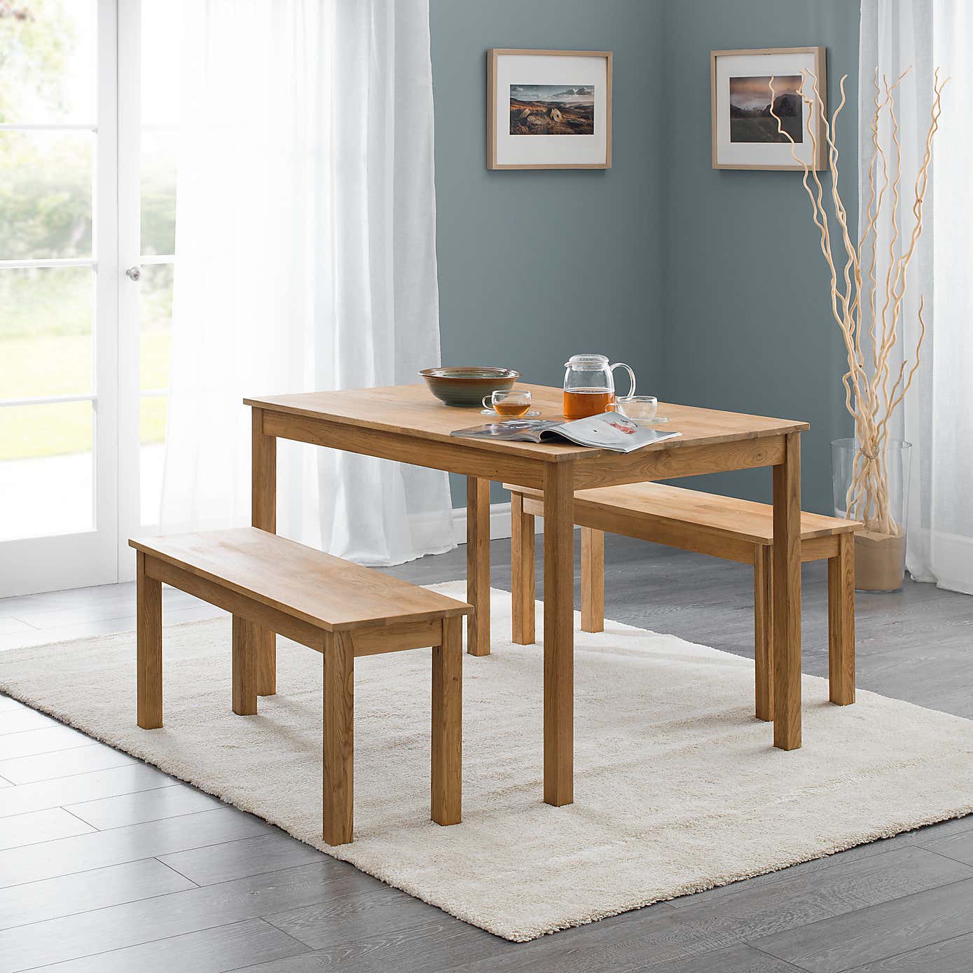Coxmoor Rectangular Dining Table with 2 Dining Benches Ivory with Oak