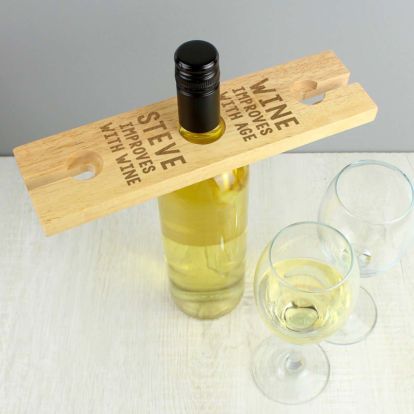 Personalised Improves With Wine Wooden Wine Glass and Bottle Holder