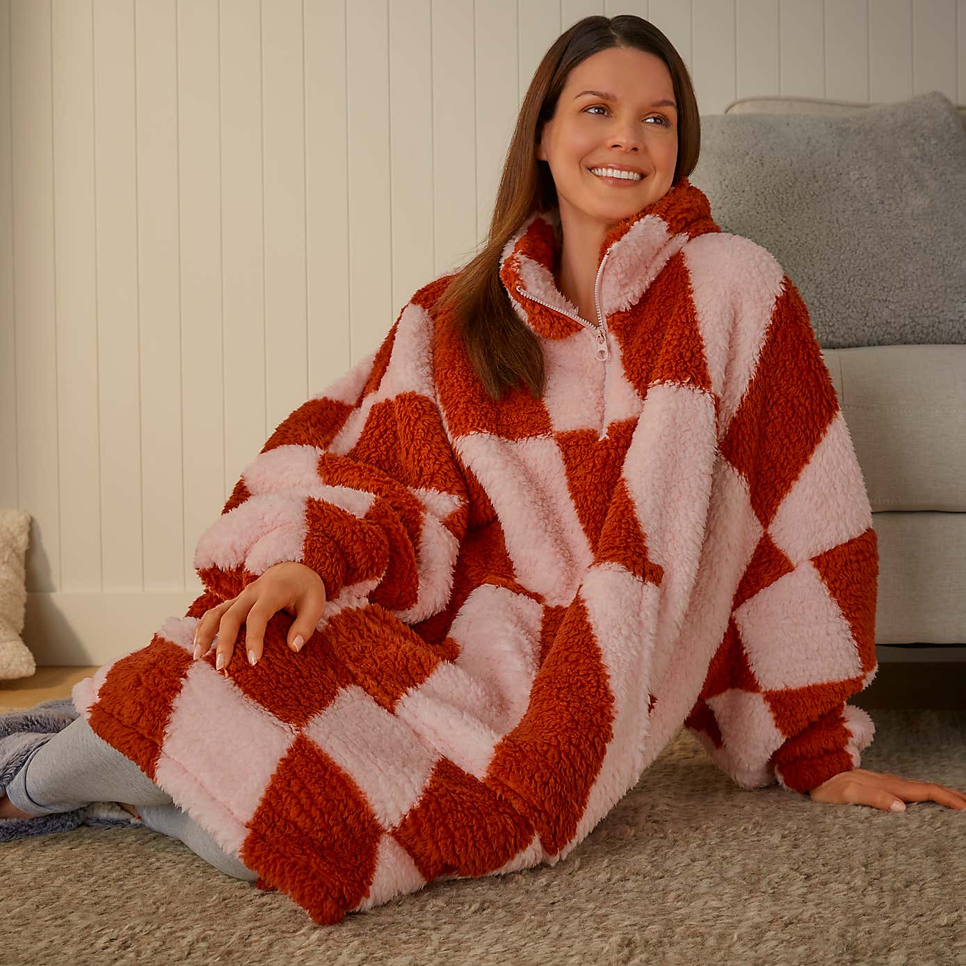 Sherpa Oversized Funnel Neck Top, Orange and Pink