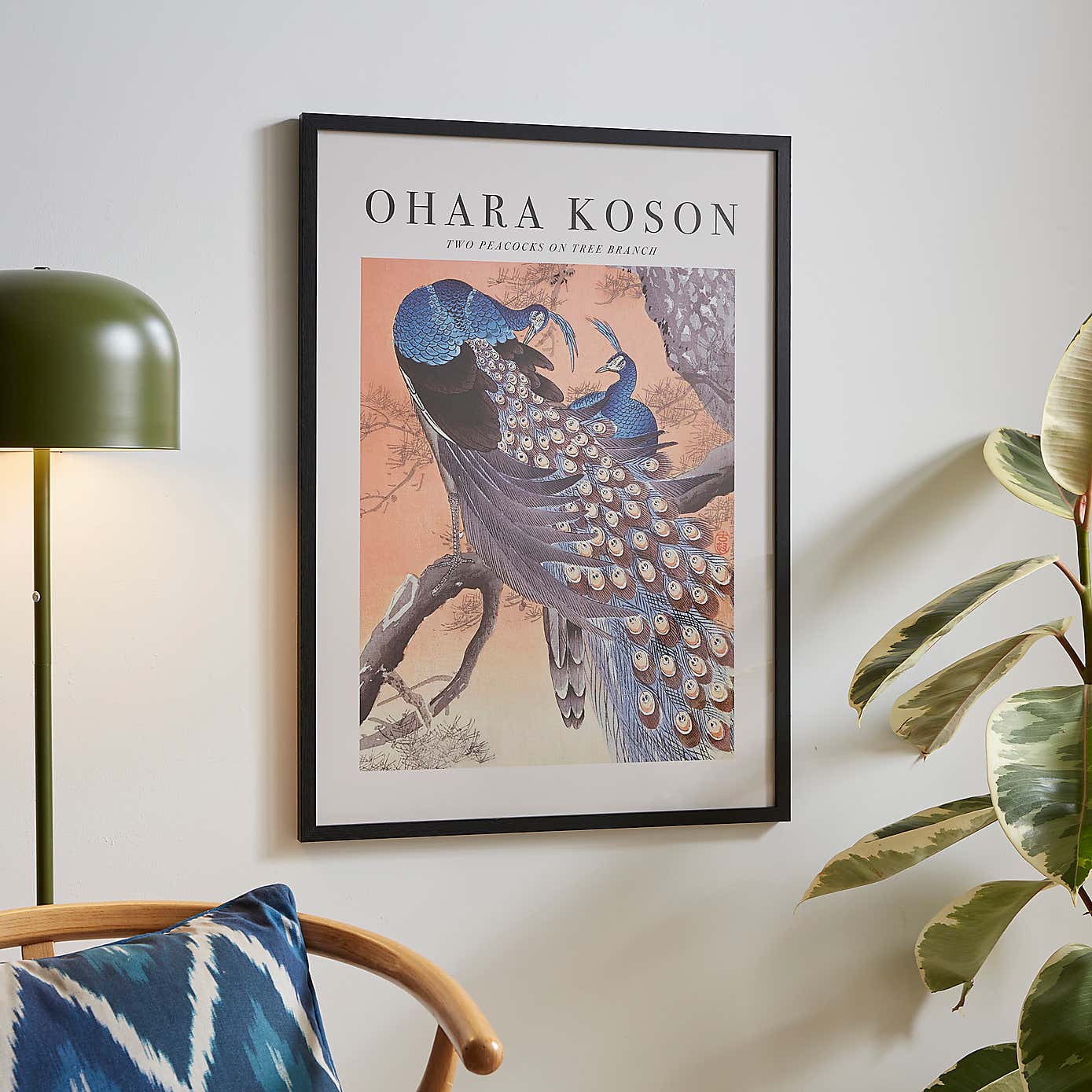 Two Peacocks on Tree Branch by Ohara Koson Framed Print