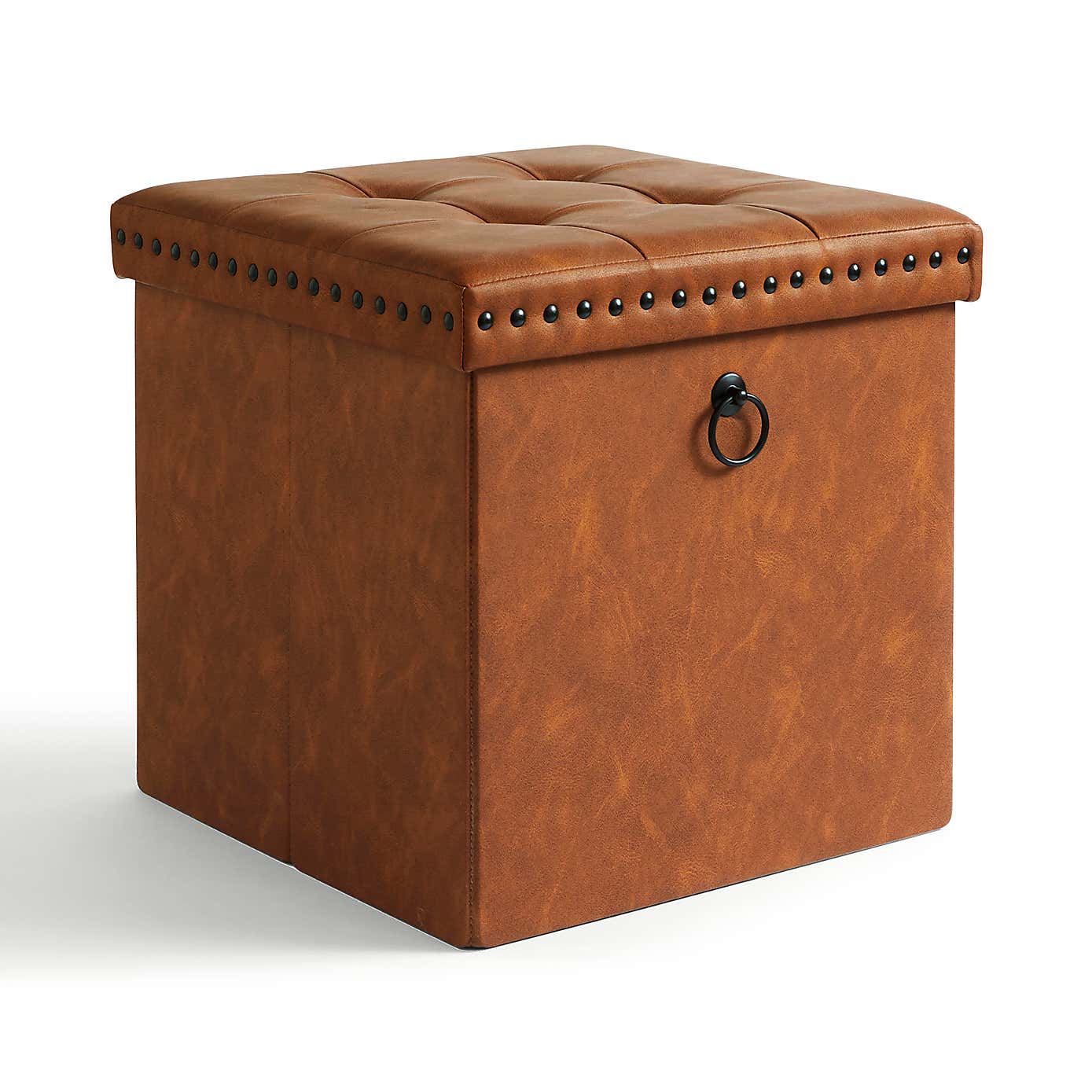 Faux Leather Cube Ottoman Tan