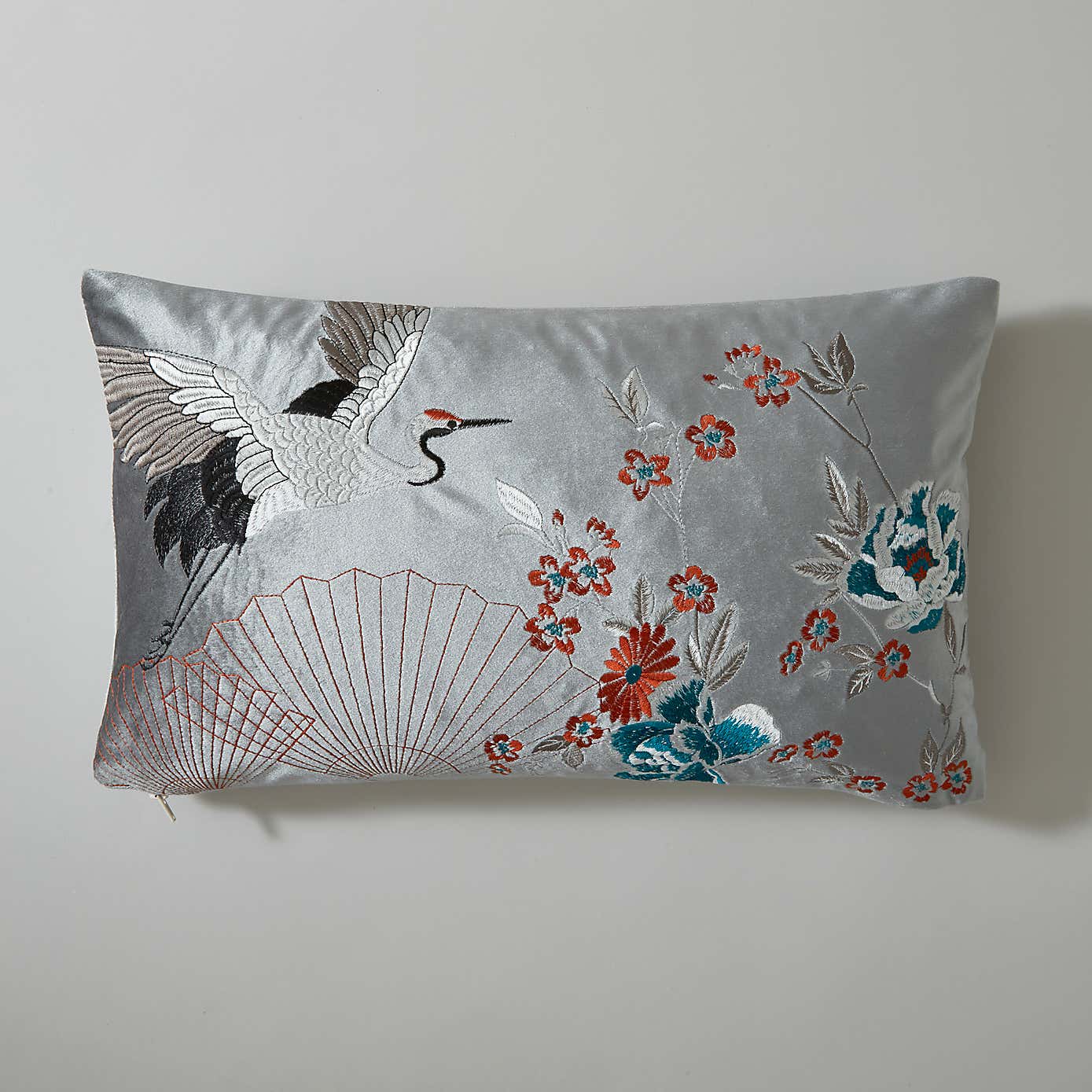 Embroidered Crane Silver Cushion Cover