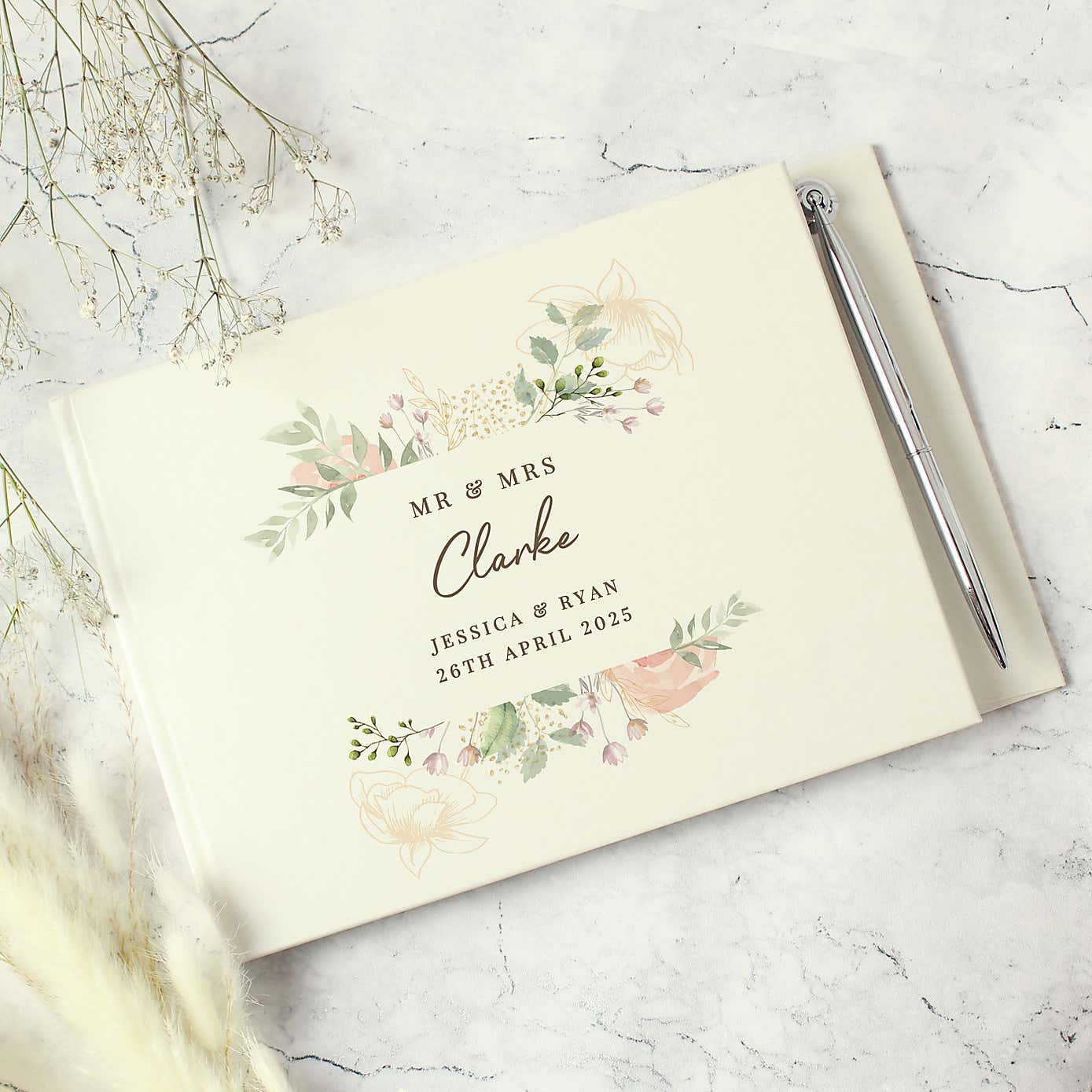 Personalised Floral Watercolour Hardback Guest Book and Pen