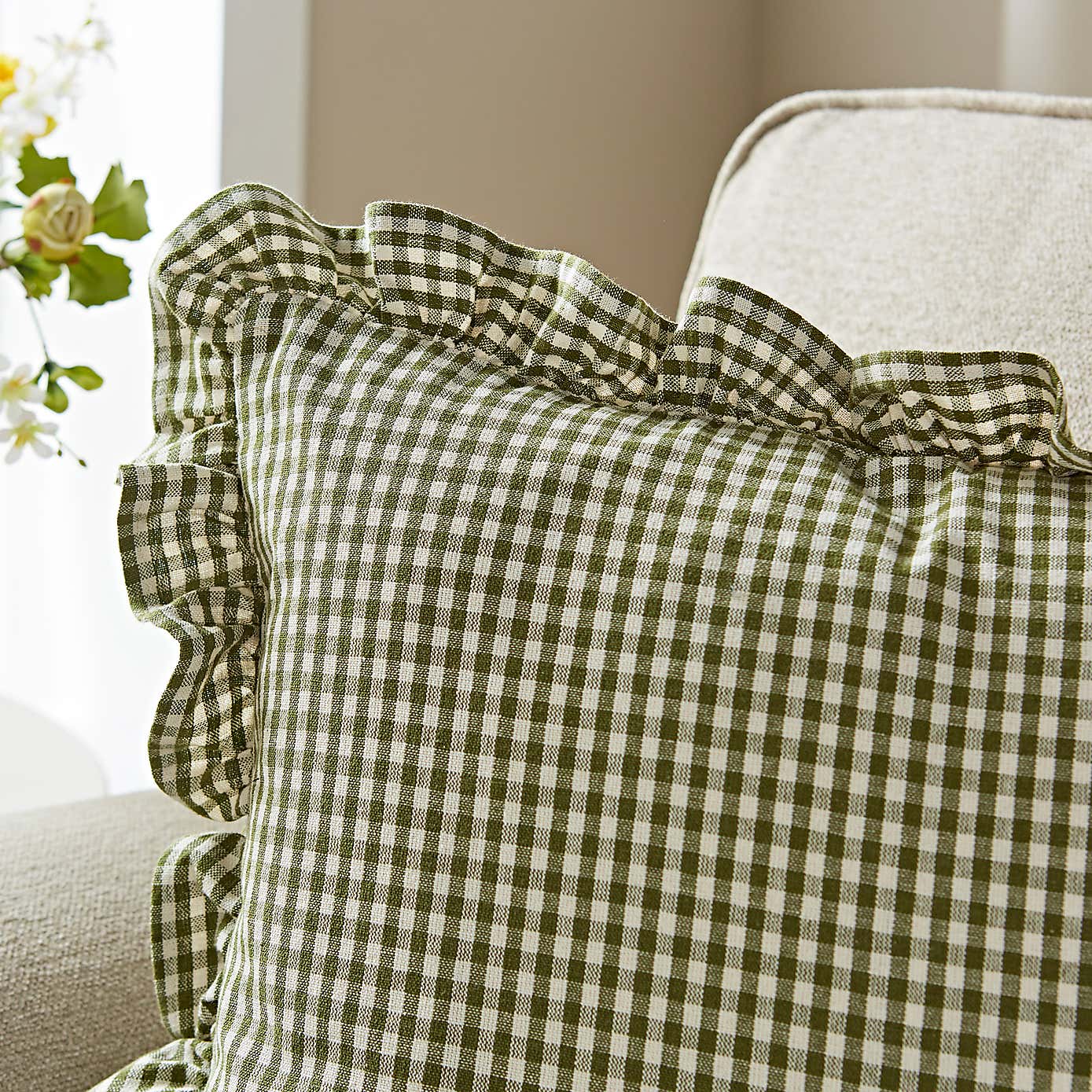 Gingham Frill Cotton Square Cushion Cover