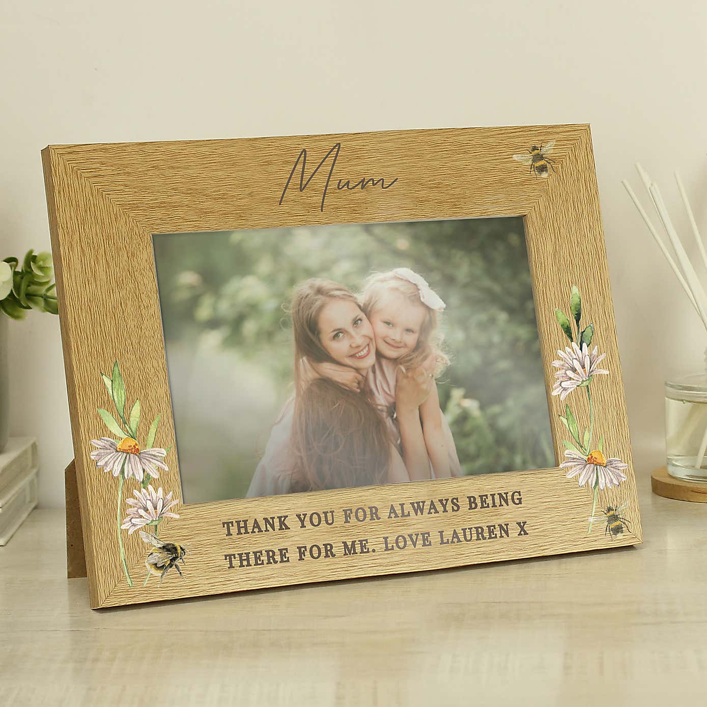 Personalised Floral Bee Oak Finish Photo Frame