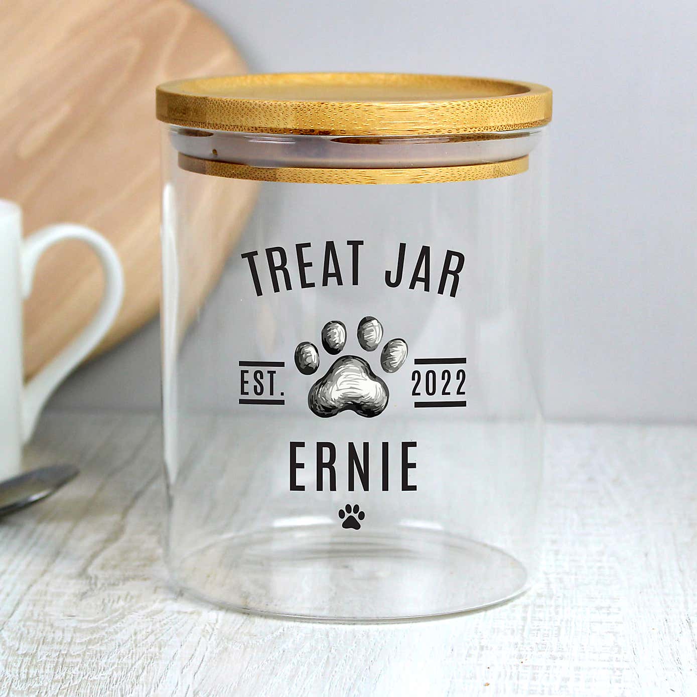 Personalised Pet Treat Glass Jar with Bamboo Lid