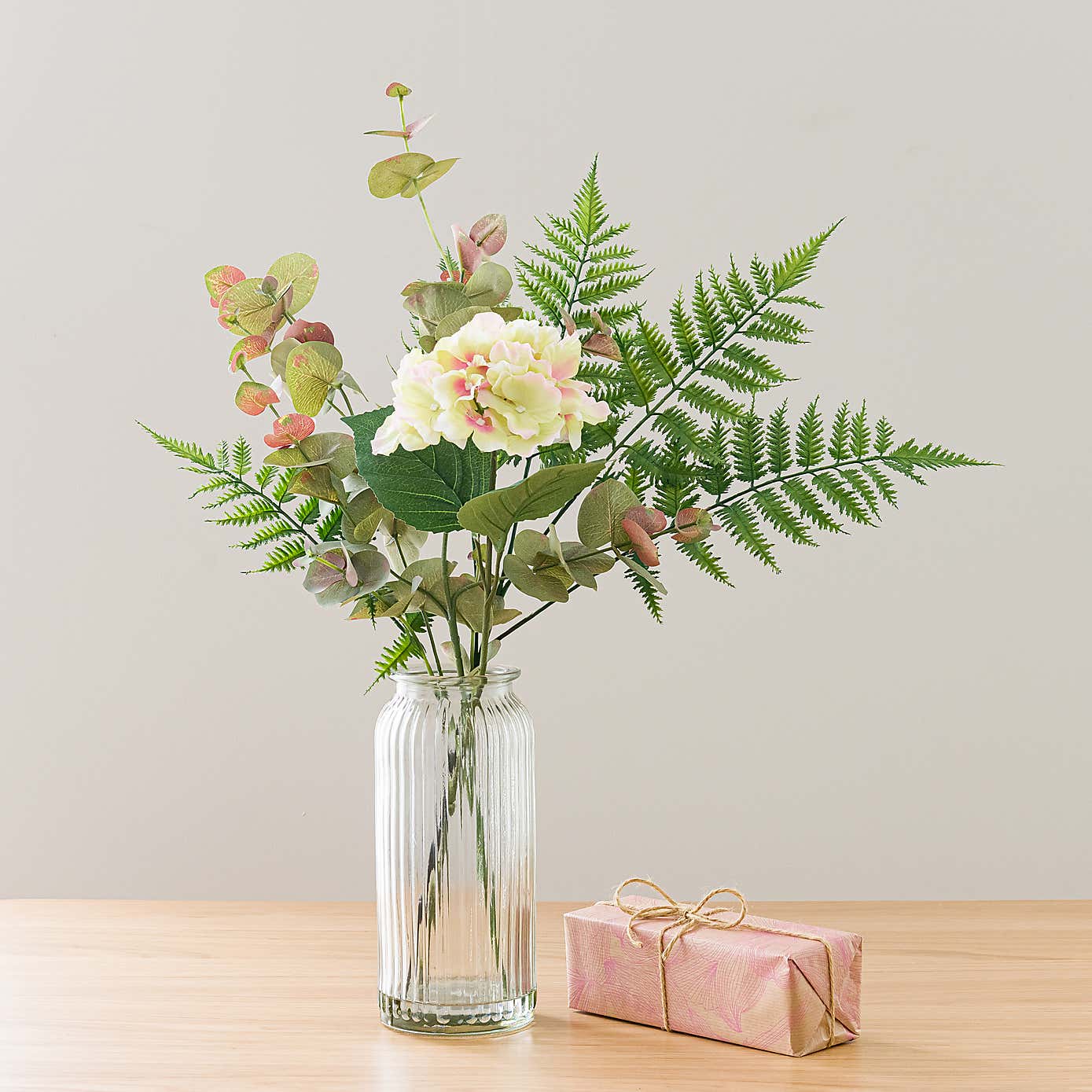 Artificial Green Hydrangea & Eucalyptus Bouquet in Ribbed Glass Vase with Fresh Linen Diffuser