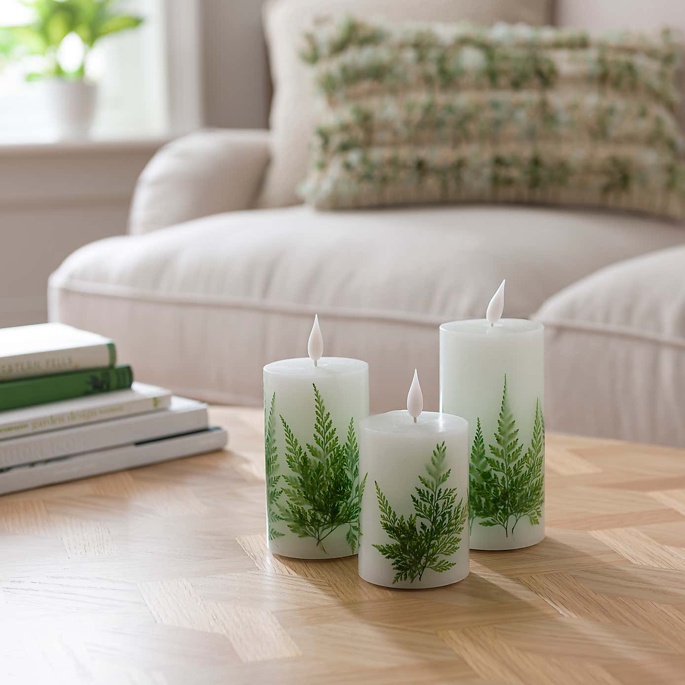 Set of 3 LED Fern Pillar Candles