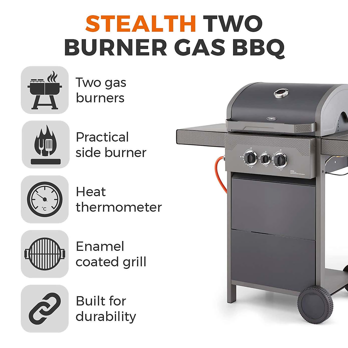 Tower Stealth 2000 Two Burner Gas BBQ, Black Steel