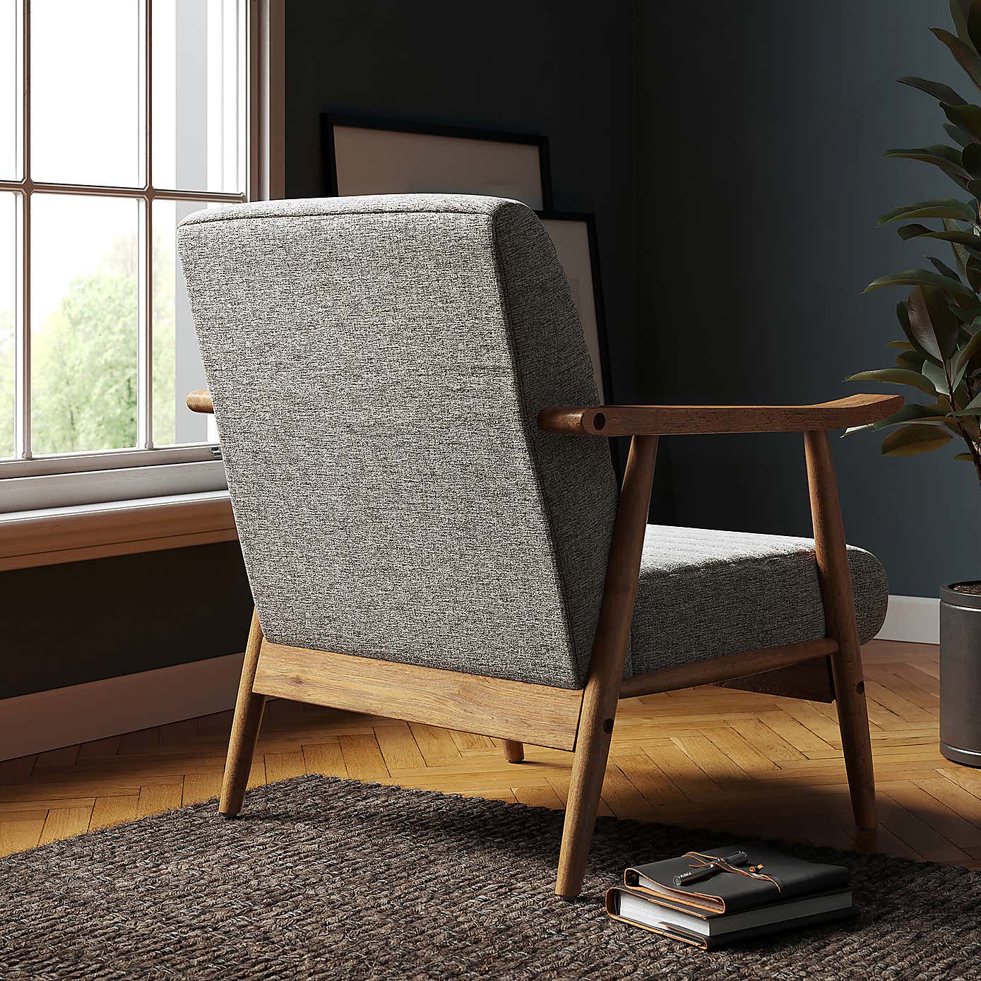 Quinn Grey Textured Weave Wooden Arm Accent Chair
